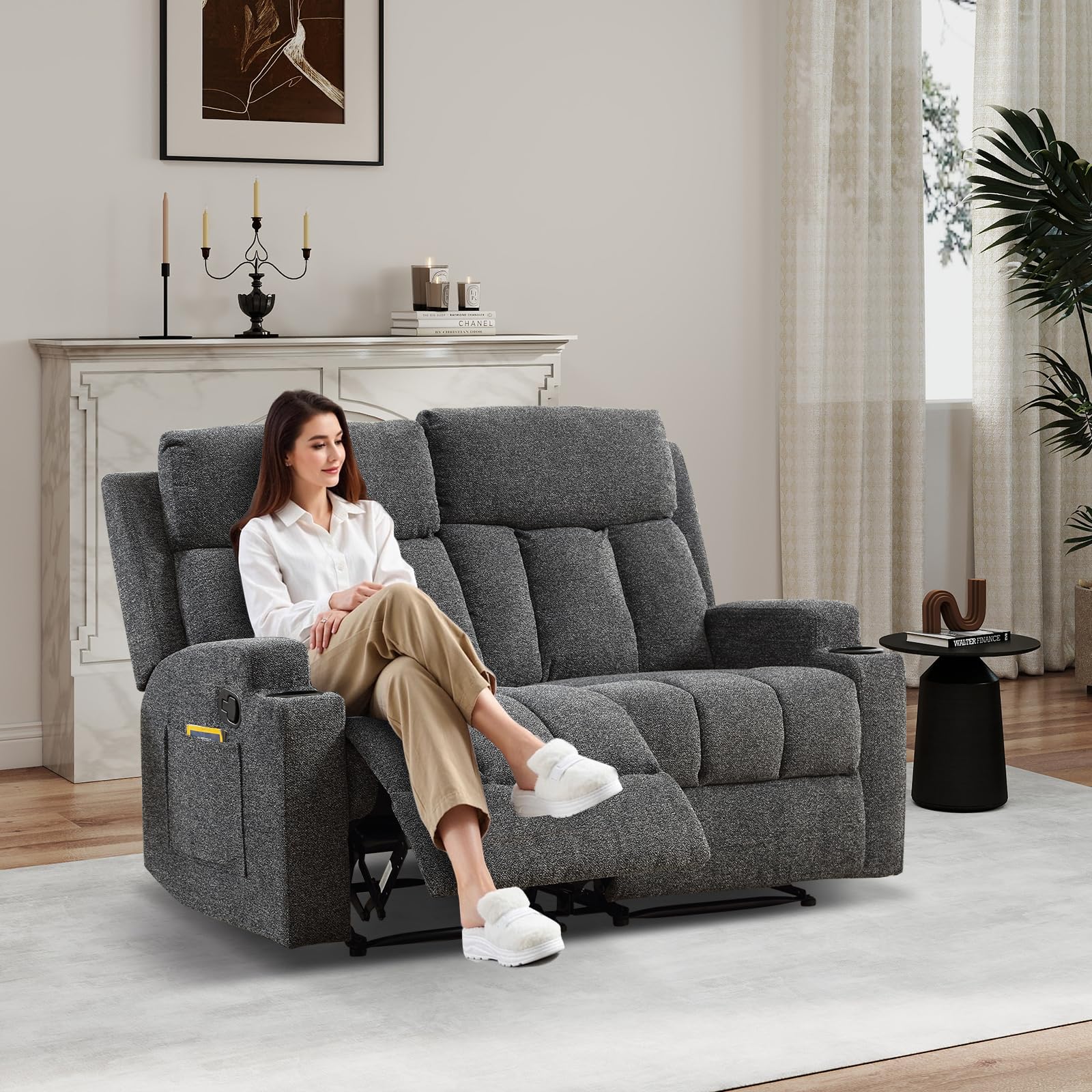 CANMOV Manual Loveseat Recliner, Soft Fabric 2-Seater Loveseat with Side Pocket & Cup Holders, Comfy Home Theater Sofa for Office & Living Room, Dark Grey view 8