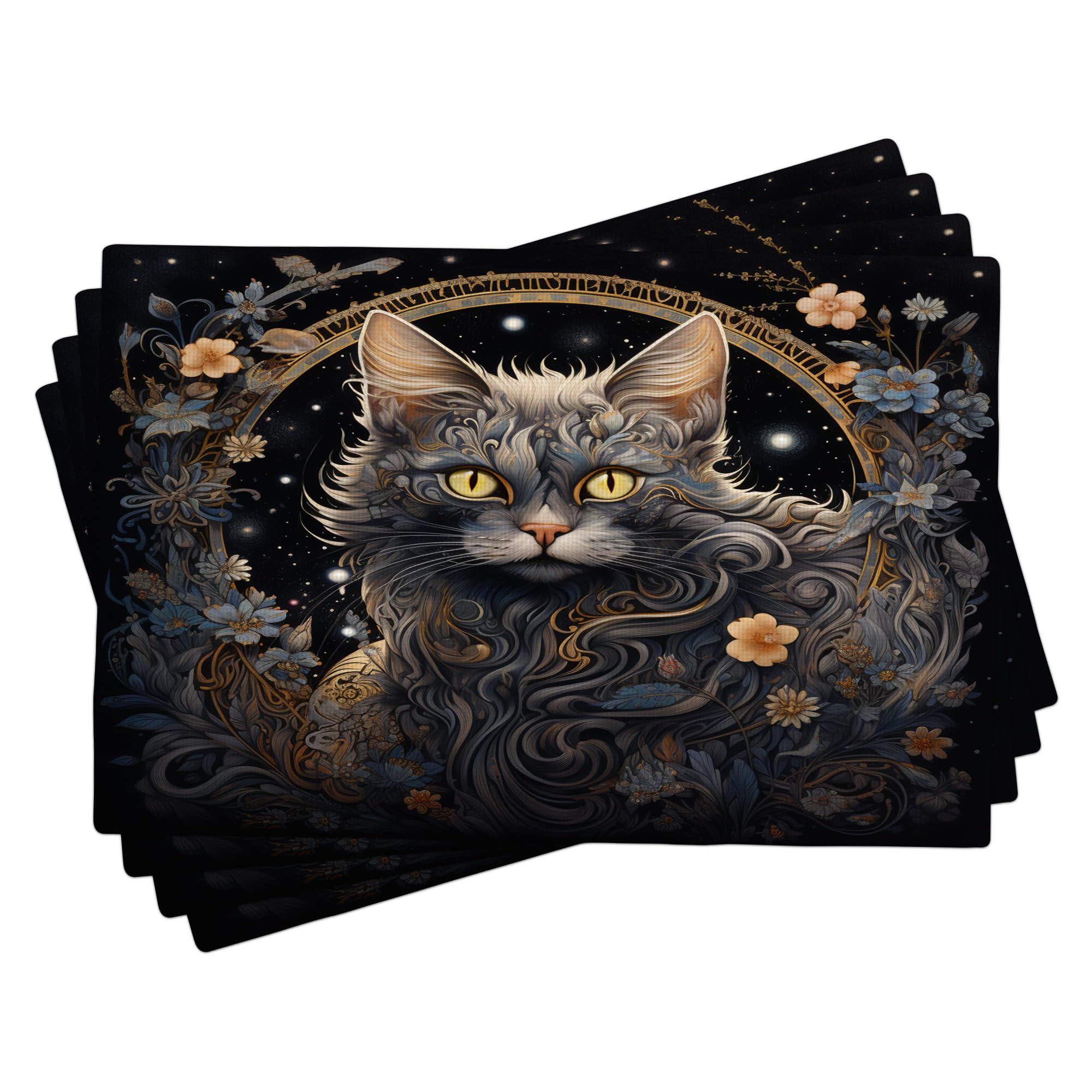Set de table fleurs chat esthétique noir marron 30x45 cm lot de 4