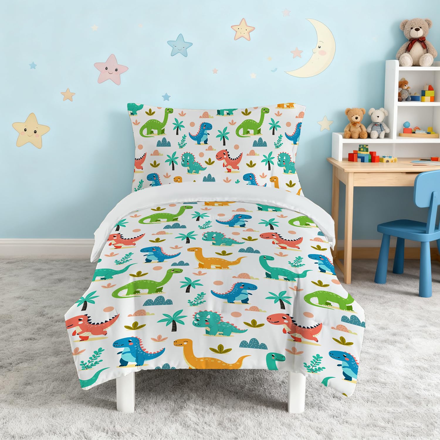 Snugoria Bed Duvet Cover Set for boys dino, Toddler Bedding Set for Junior/Toddler/Cot, Cartoon Pattern Quilt Cover 135×200 cm and Pillowcase 50x75 cm，cot bed duvet cover and pillow cover set