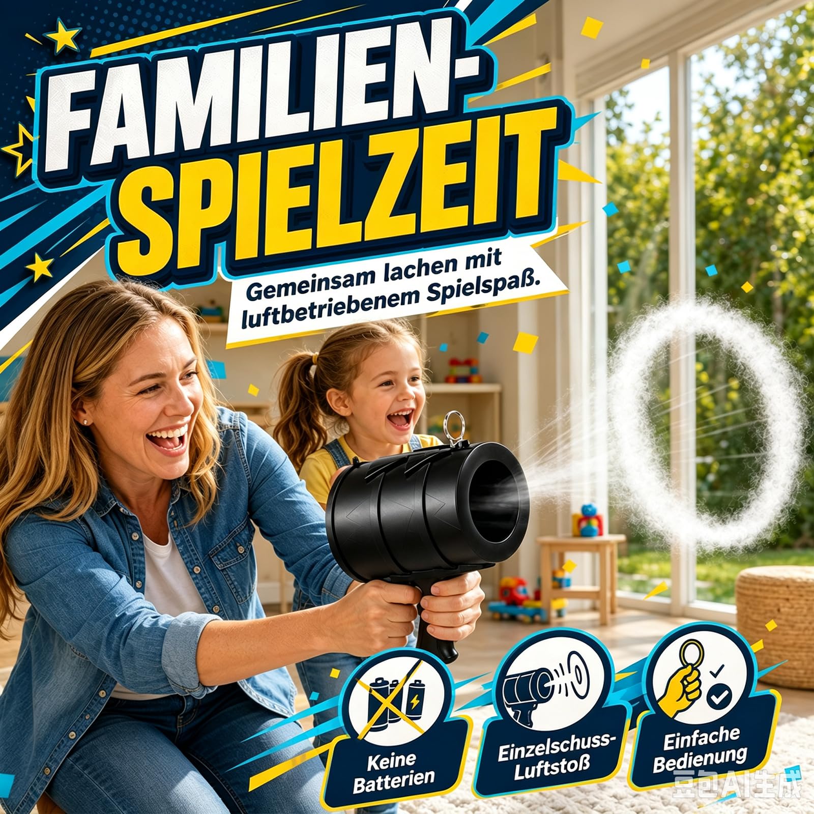 Air Vortex Kanone für Erwachsene, Luftkanone, Air Cannon Gadget, Handheld Air Blaster, Luft Kanone mit 5 m Reichweite, Vortex Gun, Bullseye Blaster, Partyspiel (Schwarz)