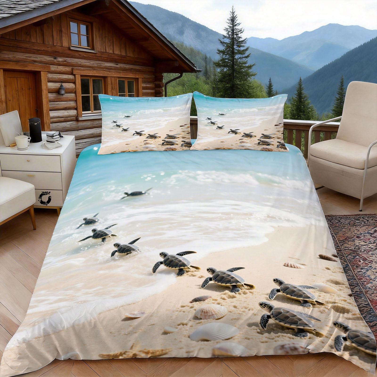 Housse de couette 240x260 tortue de mer, parure de lit vue mer grand lit double adulte avec zips
