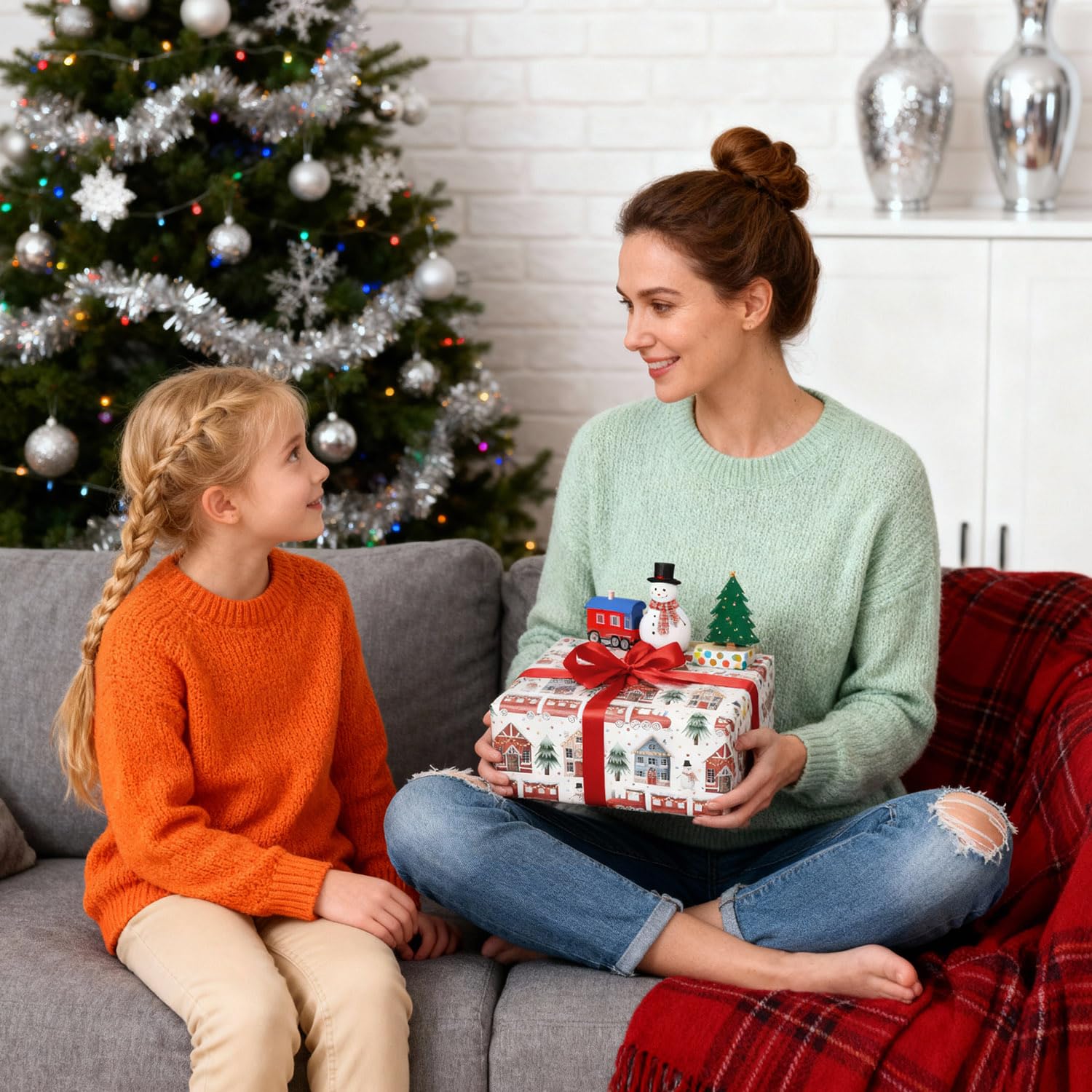 ZDSPIDE Weihnachts-Geschenkpapier-Set für Kinder und Erwachsene, 12 Jumbo-Blätter (50 x 69,8 cm), Urlaubs-Geschenkpapier mit Lebkuchenhaus, Aquarell-LKW, Weihnachtsbaum und Zug