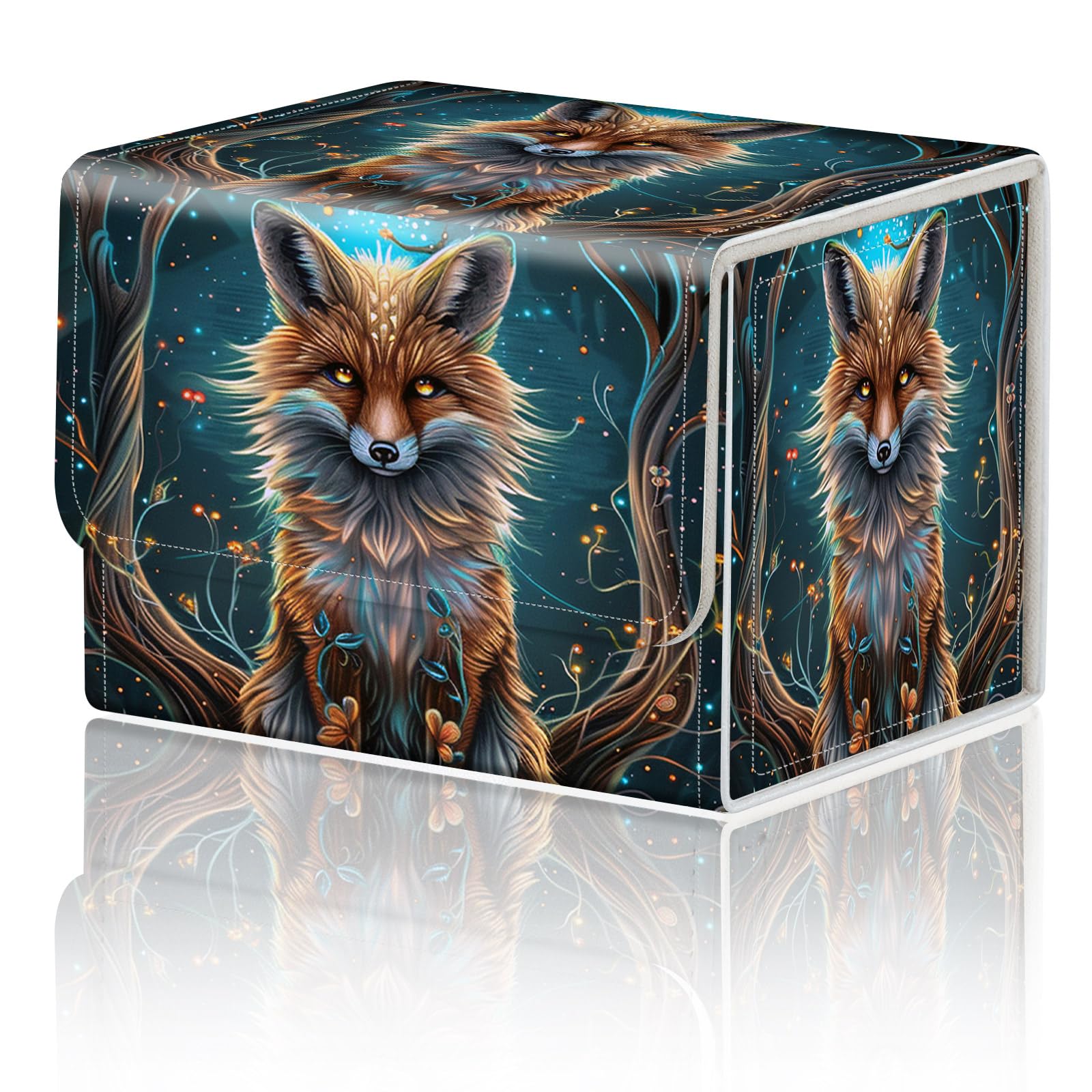 DEGDFSGR for TCG MTG Card Game Storage Box Organizer Trading Card Case Commander Deck Box Magnetic Closure Creative Pattern Up to 200 Cards, Blue Glow Fox — image 1
