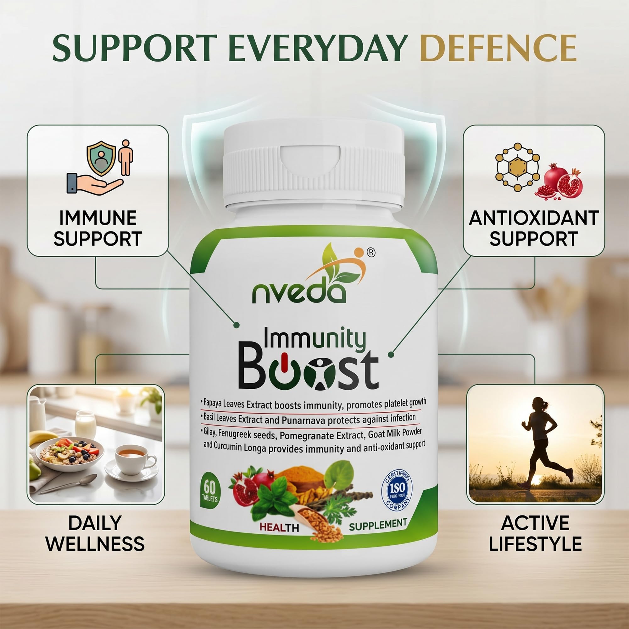 Nveda Immunity Booster Tablets for Men & Women | Papaya Leaf Extract, Giloy, Fenugreek & Curcumin | Immune Support Supplement for Immunity, Wellness & Daily Health | Herbal Immunity Booster Tablets | 60 Tablets 2