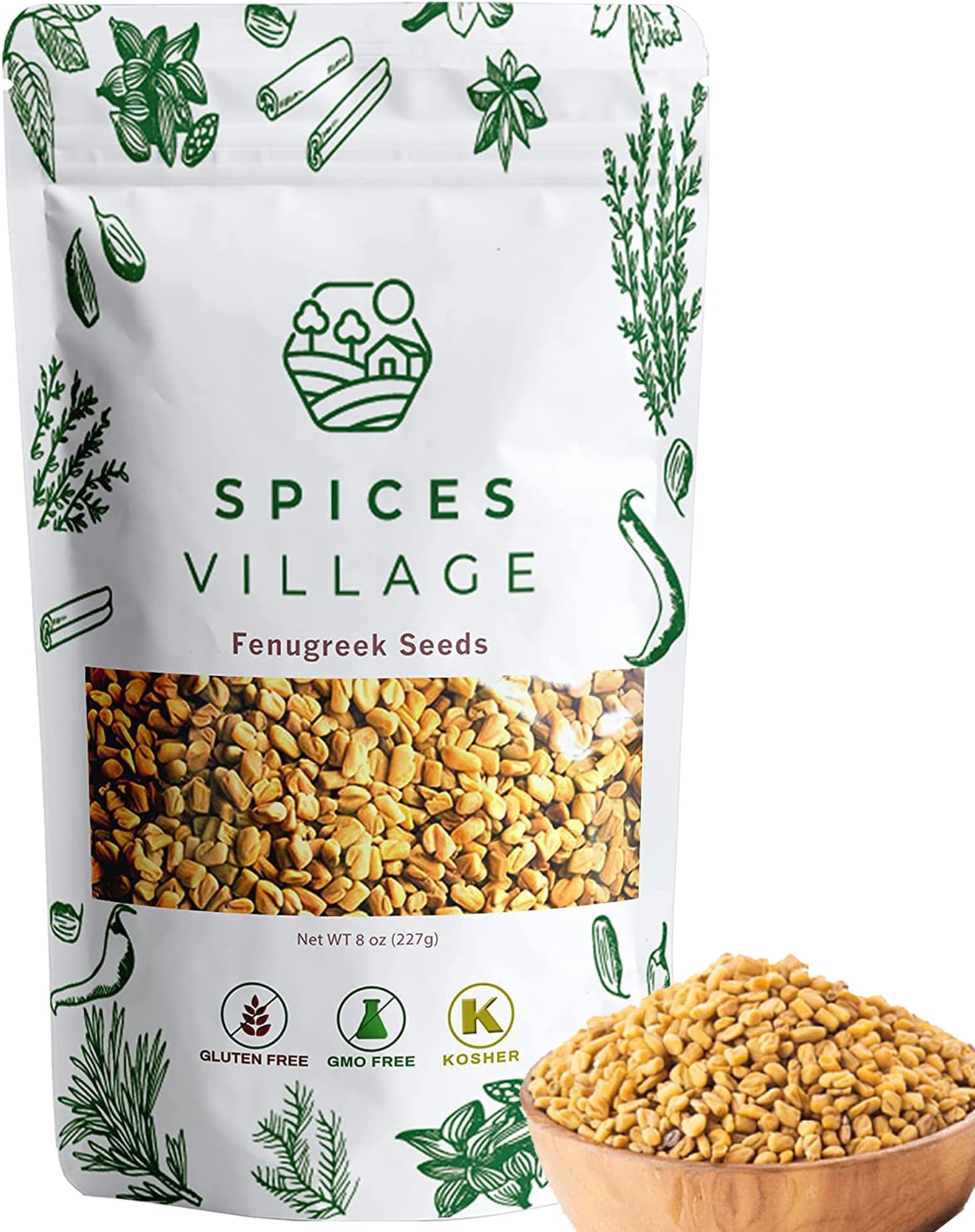 SPICES VILLAGE Fenugreek Seeds, 8 oz, Fenugreek Seeds for Hair Growth, All Natural Dried Indian Methi Seed for Cooking - Kosher Certified, Gluten Free, Resealable Bulk Bag