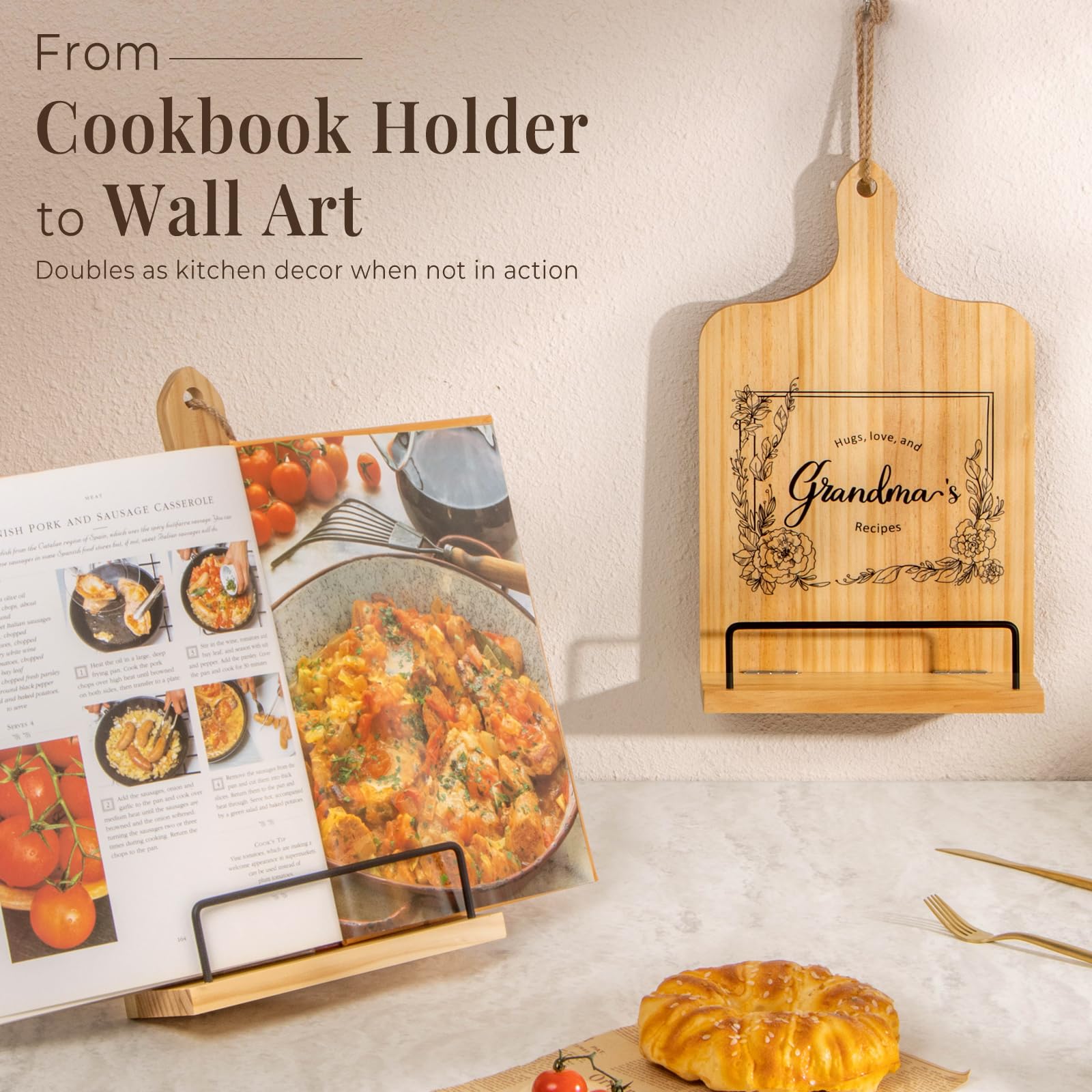 PUERSI Cookbook Stand, Kitchen Gifts for Grandma on Mothers Day Wooden Recipe Book Holder, Grandmother Mothers Day Gift - Image 3