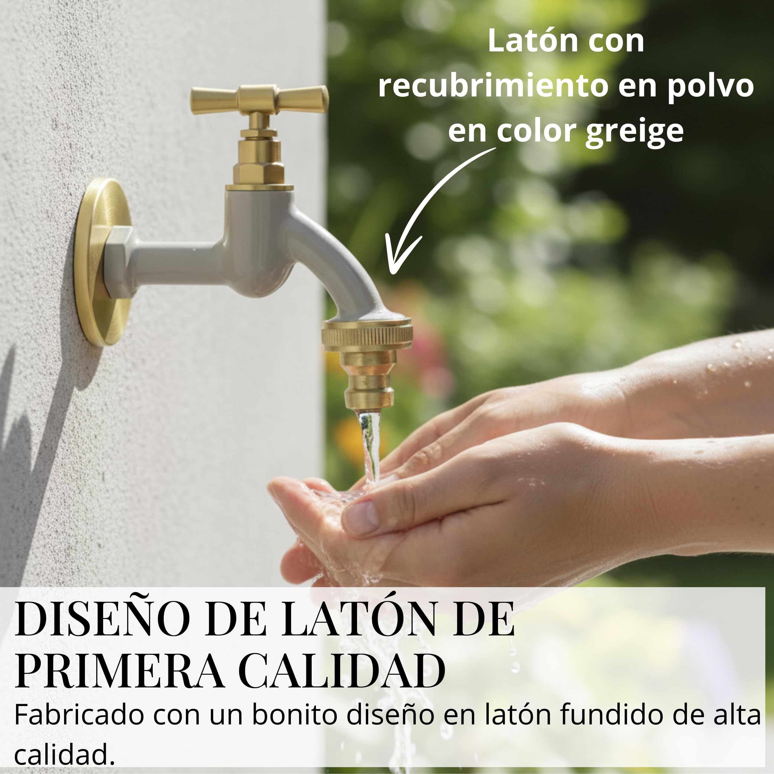 LIVLIG Premium Grifo de Jardín, Grifo exterior resistente a las heladas con guarnición de roseta y conexión de manguera, Grifo de agua fría de latón, Grifo de diseño dorado con recubrimiento en polvo