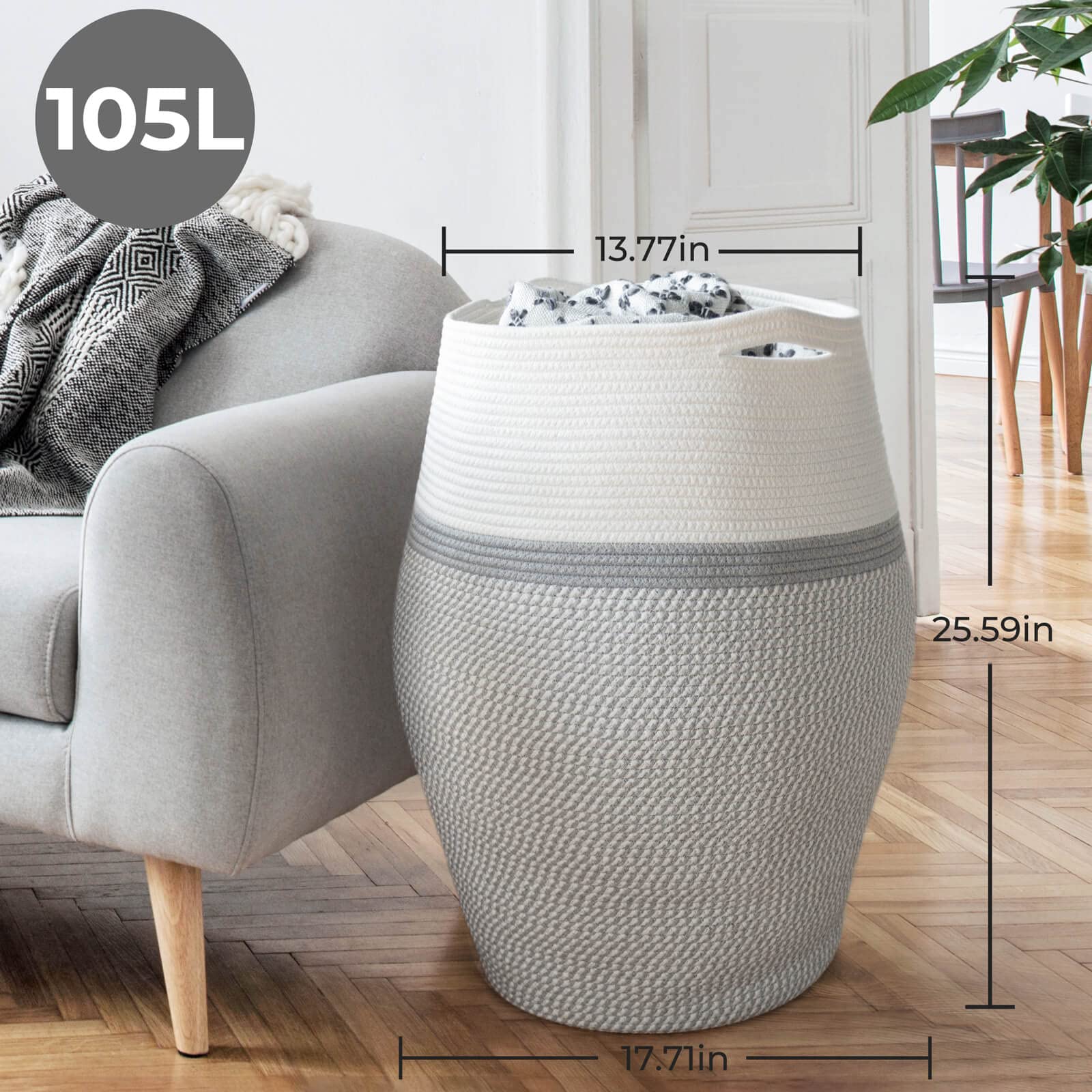 TIMEYARD Canasta Ropa Sucia Grande, Cesta de Almacenamiento, Cesta Trenzada para Guardar Almohadas y Mantas en el Salón, 65 cm de Alto, Blanco y Gris | Cesta grande para mantas, almohadas y ropa. Almacenamiento elegante para sala de estar, dormitorio y ho