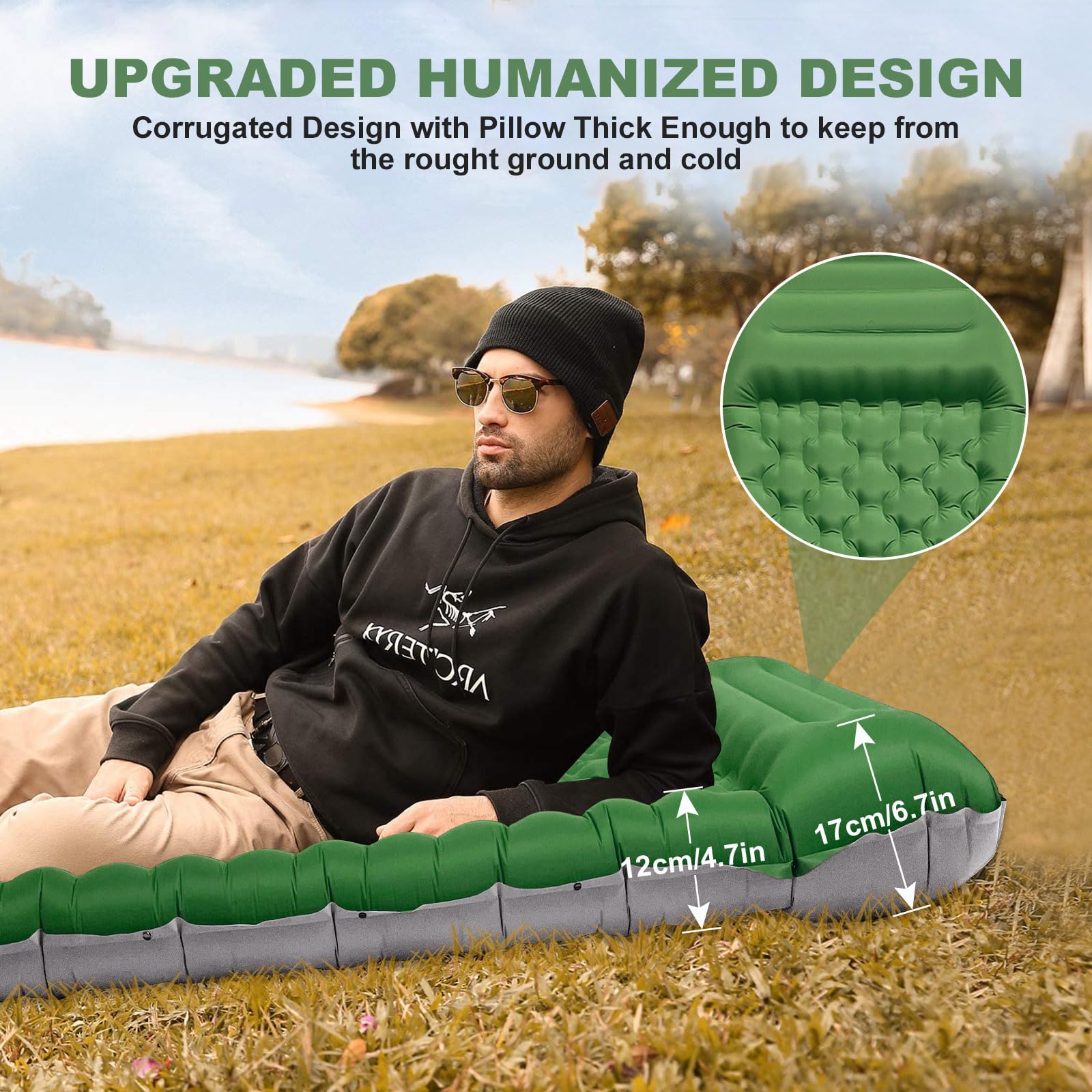 SHANNA Isomatte Outdoor Camping Luftmatratze: Extra Dick 12cm Ultraleicht Isomatte mit Fußpumpe Verbindbare 50D Isolierte Schlafmatte mit Kissen für Trekking, Camping, Wandern, Zelt (Olivengrün)