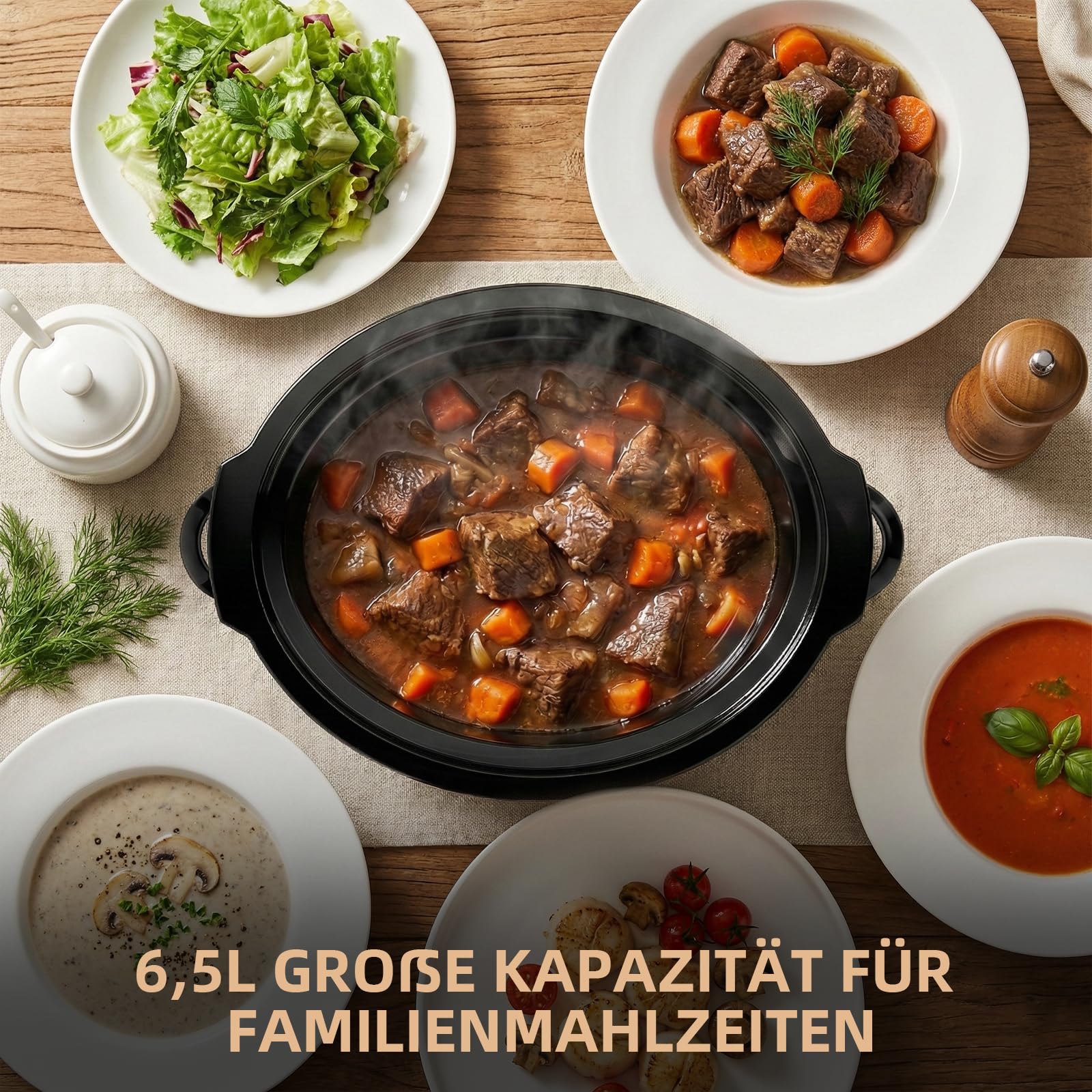 Slow Cooker - Pentola elettrica da 6,5 l, con pentola in ceramica e coperchio in vetro, funzione di mantenimento al caldo, 200 W, per feste di famiglia, zuppe, stufati, piatti di carne