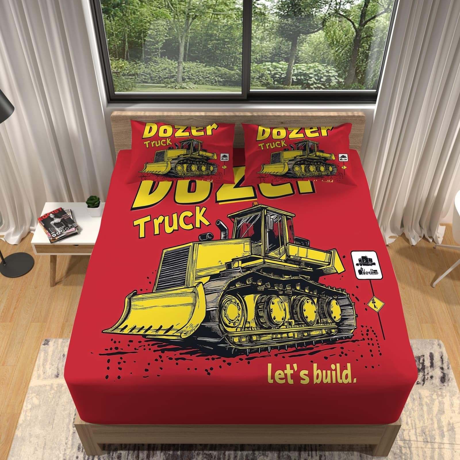 Pełny zestaw pościeli z gumką 200 x 200 cm 2 poszewki 65 x 65 cm kreskówkowy buldożer z mikrofibry z nadrukiem elastyczny żółty pasek kompatybilny gruby materac 30 cm - można prać w pralce