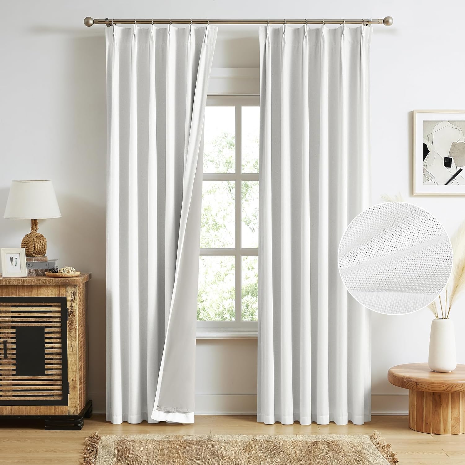 (Different color )MAIHER Full Blackout Pinch Pleat Curtains with Back Tab for Bedroom, Linen Textured Noise Reducing Thermal Insulated Pleated Drapes with Hooks for Traverse Rod and Track, Greyish White, 40"x63"x2 Greyish White 40"W x 63"L (Pack of 2)