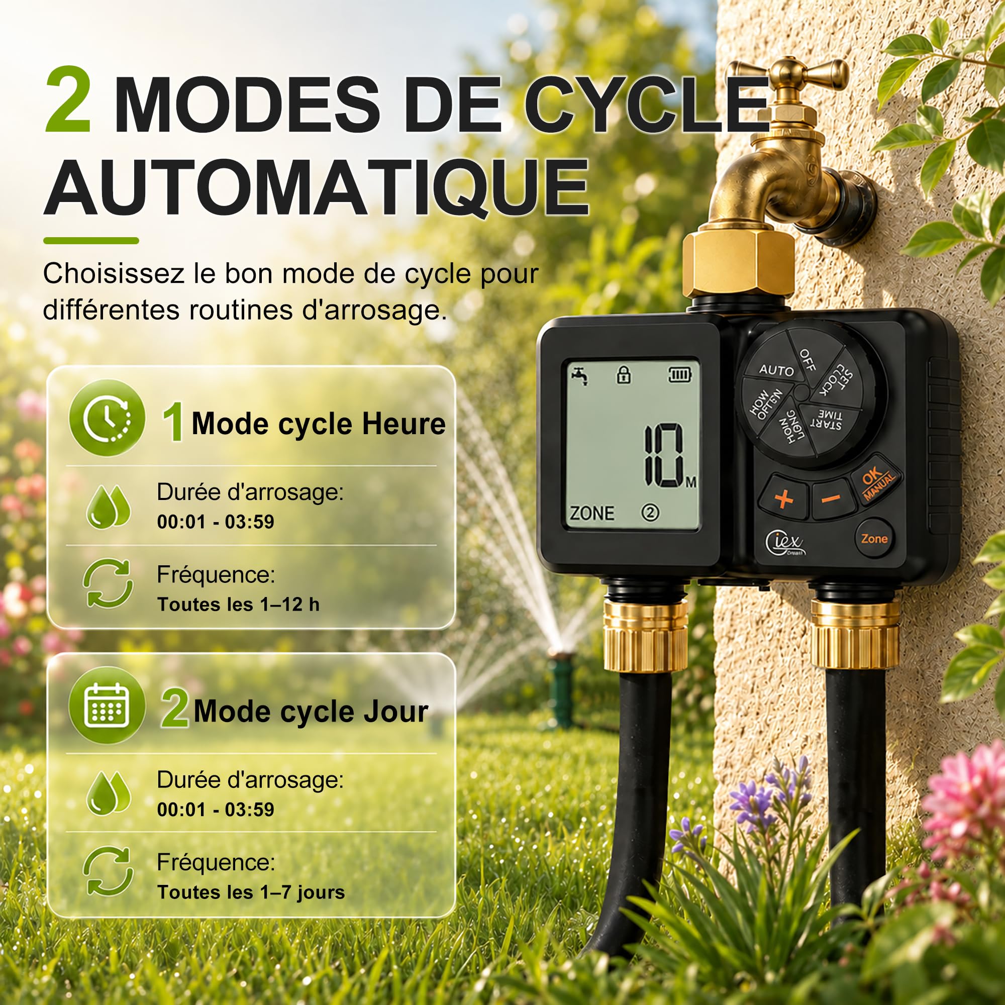 GIEX Ordinateur d'arrosage 2 voies, minuterie d'arrosage rechargeable 2 zones avec connecteur en laiton, minuterie d'eau programmable avec IP66, retard de pluie et irrigation manuelle pour jardin