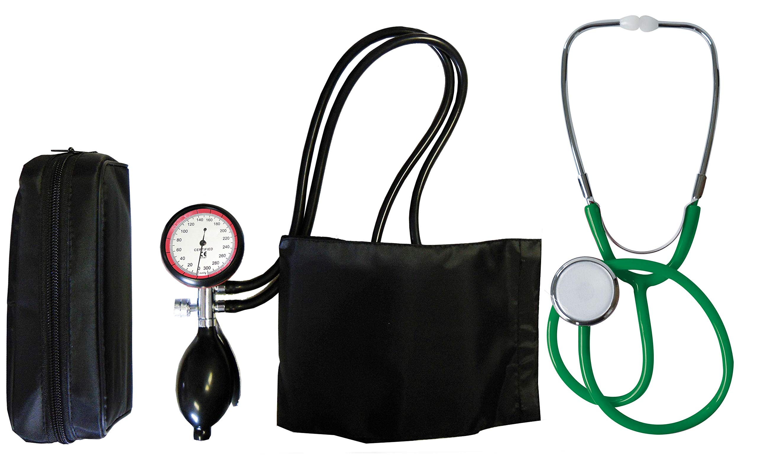 TIGA-MED - Tensiómetro de brazo con 2 tubos y estetoscopio de cabeza plana verde (1 juego = 2 artículos)