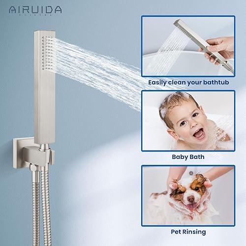 Miniatura 8 de Airuida Grifo de bañera de montaje en pared, níquel cepillado con rociador de ducha de mano, boquilla de cascada con moderno grifo de llenado de