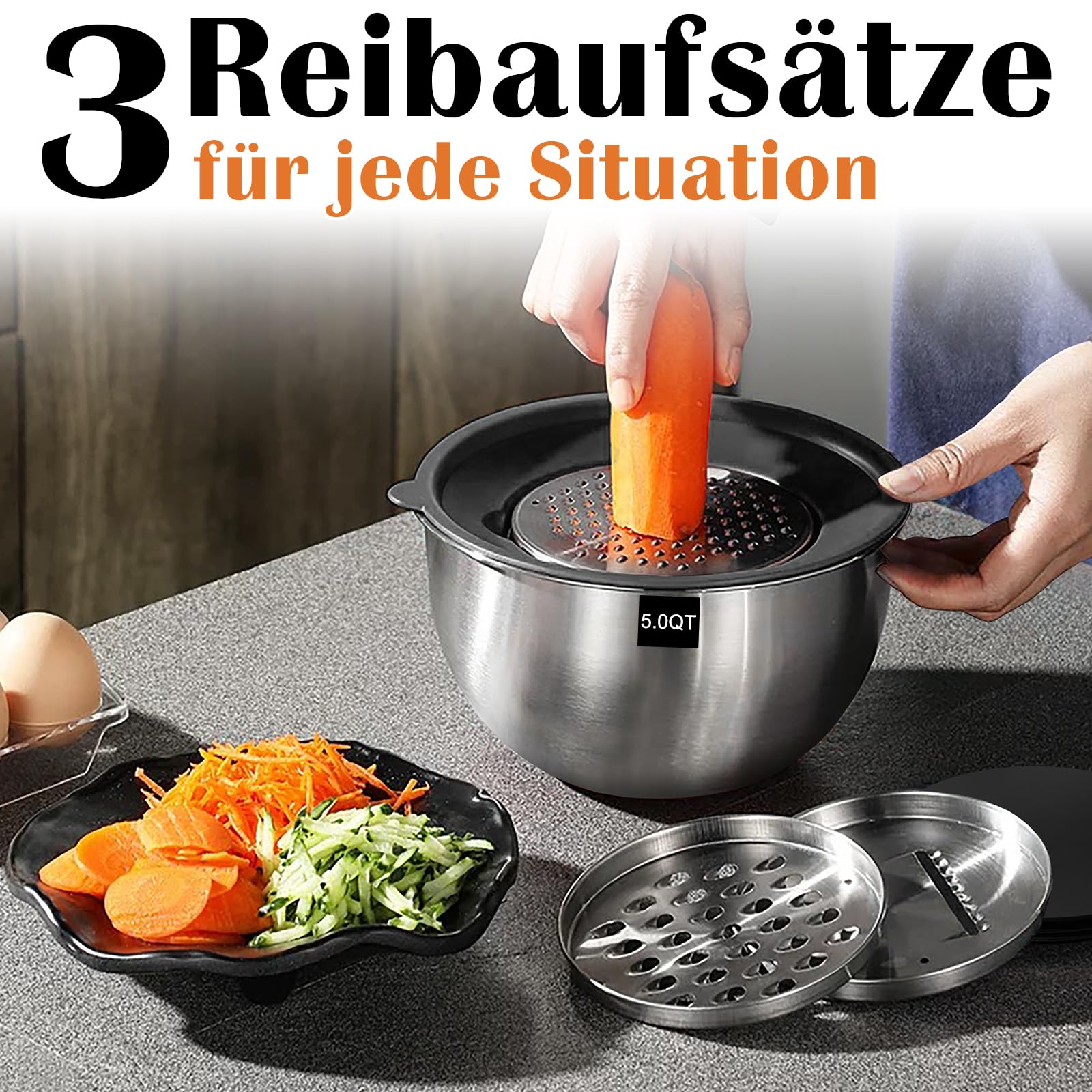 Terlulu Lot de 5 saladiers en acier inoxydable avec couvercle, 4,7 l/2,8 l/1,9 l/1,4 l/0,6 l, pour cuisine/pâtisserie/rangement, empilables et passent au lave-vaisselle, avec râpe