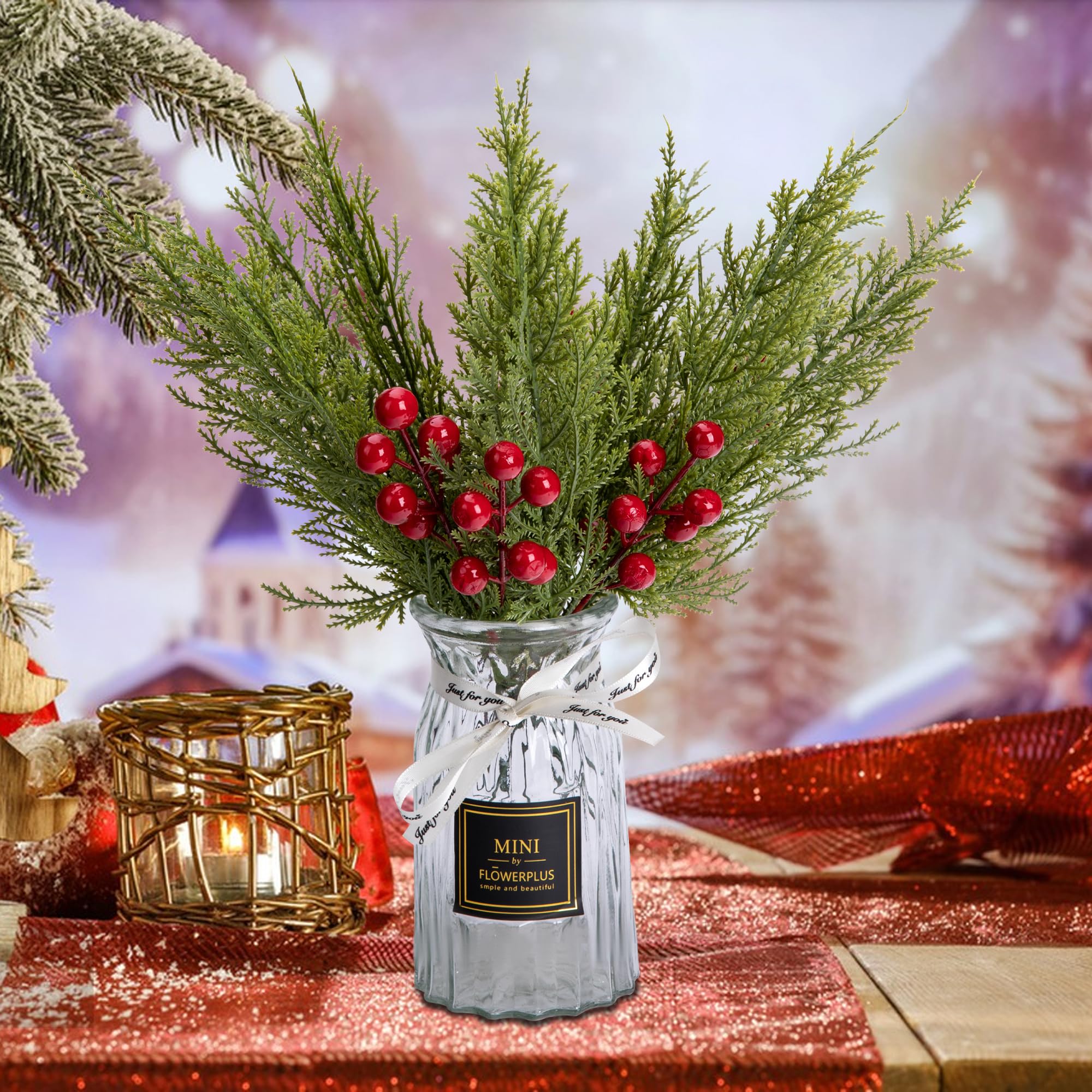 45 Branches De Pin Artificielles De Noël Avec Tiges De Baies Rouges