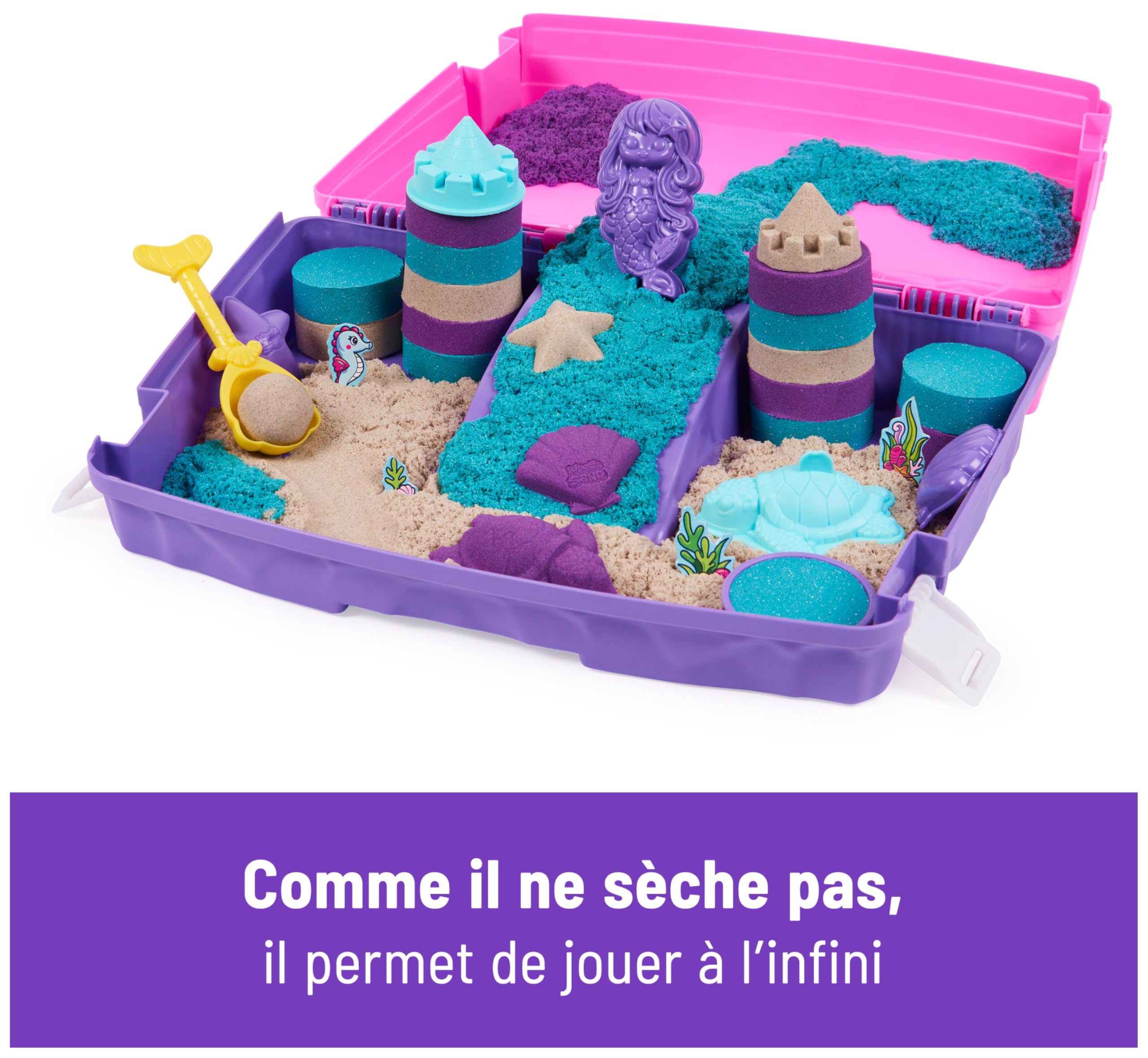 Kinetic Sand Sable Magique - Mallette Palais de Sirène 934 G + 8 Accessoires - Emportez Votre Sable Coloré Partout & Sculptez Vos Créations - Loisir Créatif Enfant - Jouet Enfant 3 Ans Et +