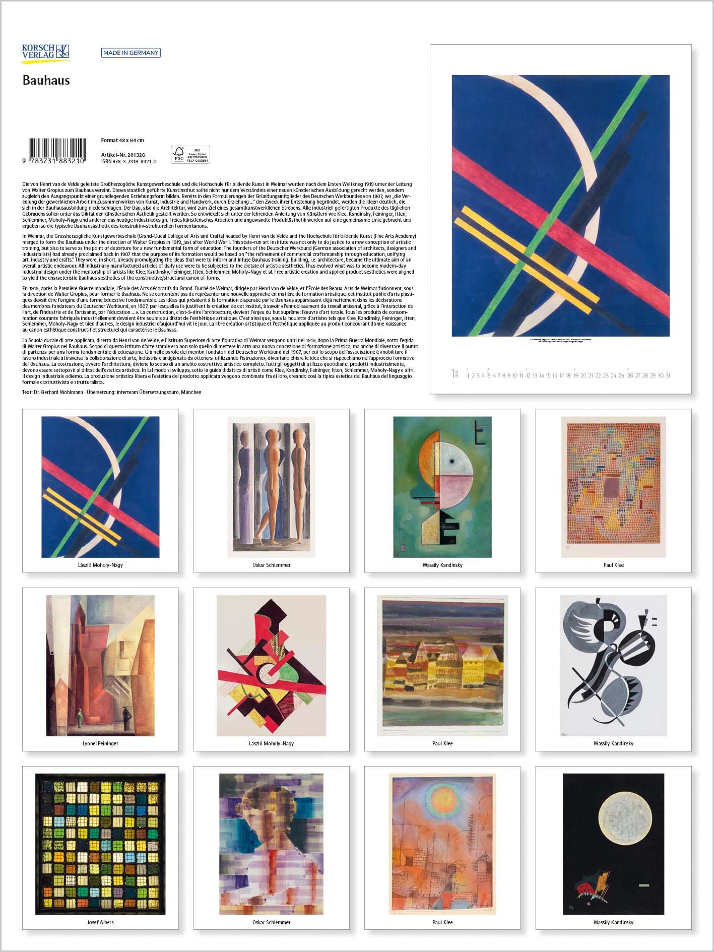 Bauhaus 2026: Großer Kunstkalender. Hochwertiger Wandkalender mit Meisterwerken des Bauhaus Stils. Kunst Gallery Format: 48 x 64 cm.