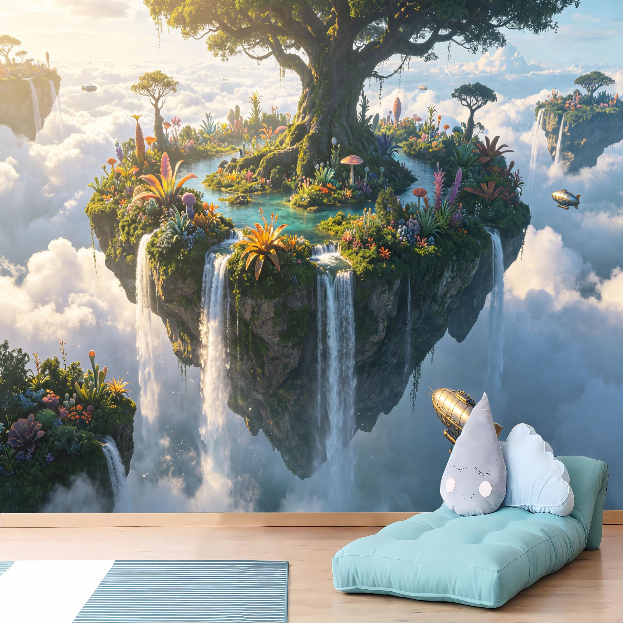 Custom Size Wall Murals Floating Island Waterfall Wall Murals Fantasy Wallpaper Full Wall Self-Adhesive Removable Wallpaper for Living Room Bedroom