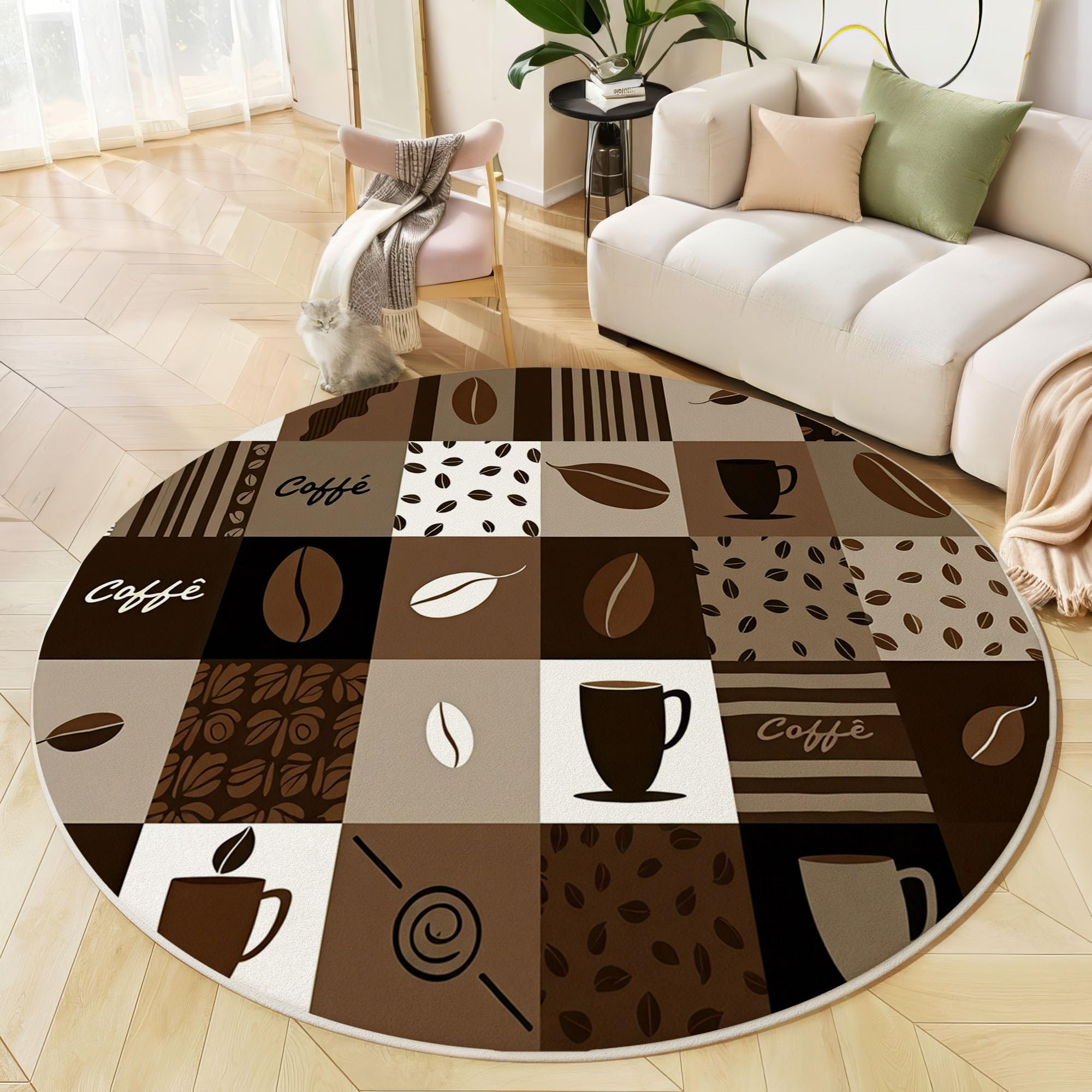 Tapis Rond Thème Café Géométrique pour Salon, 200 Cm, Grand Tapis Patchwork Vintage, Brun Rouille, Lavable Confortable, Antidérapant Doux Facile À Nettoyer pour Chambre À Coucher De Chevet