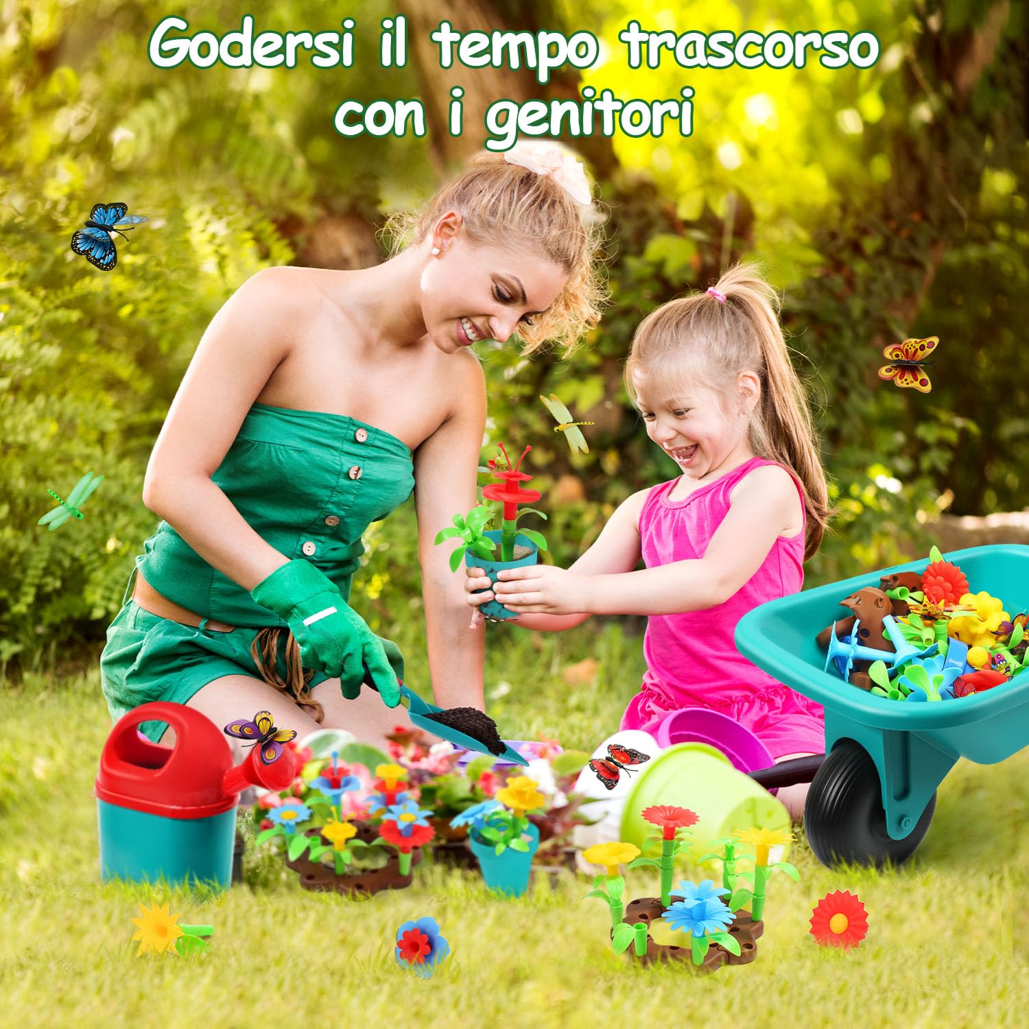 cute stone Set di Attrezzi da Giardinaggio per Bambini, Giocattoli da Giardino con Carriola, Annaffiatoio, Pala, Giocattolo da Costruzione per Giardino Fiorito, Giocattolo per Interni Ed Esterni