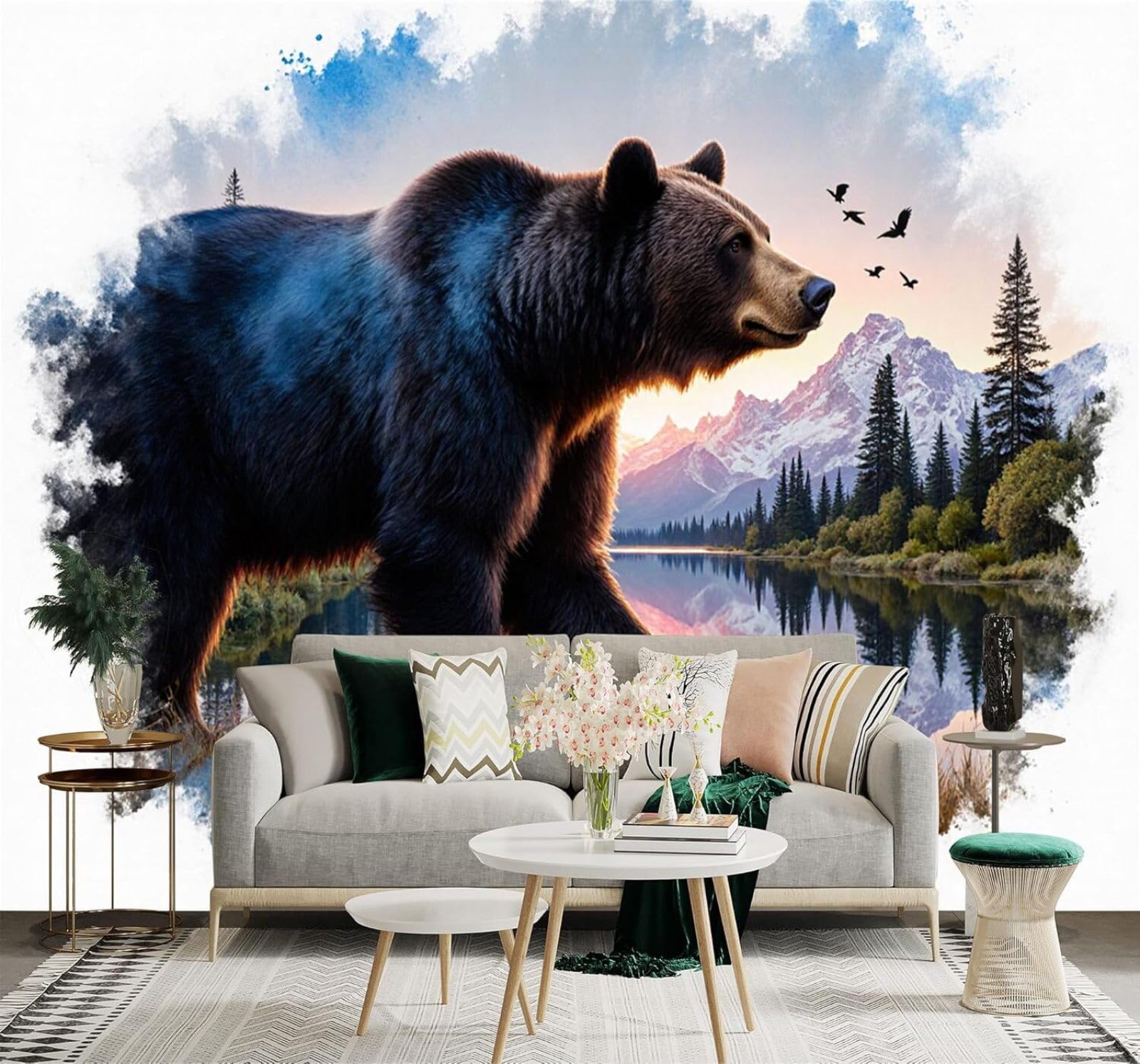 XLMING Mountains Lakes Brown Bears Forests Birds 3D Wallpaper Silky Texture Home Study Office Grey Dining Room Sofa Bedroom Living Room TV Backdrop-200cm×140cm