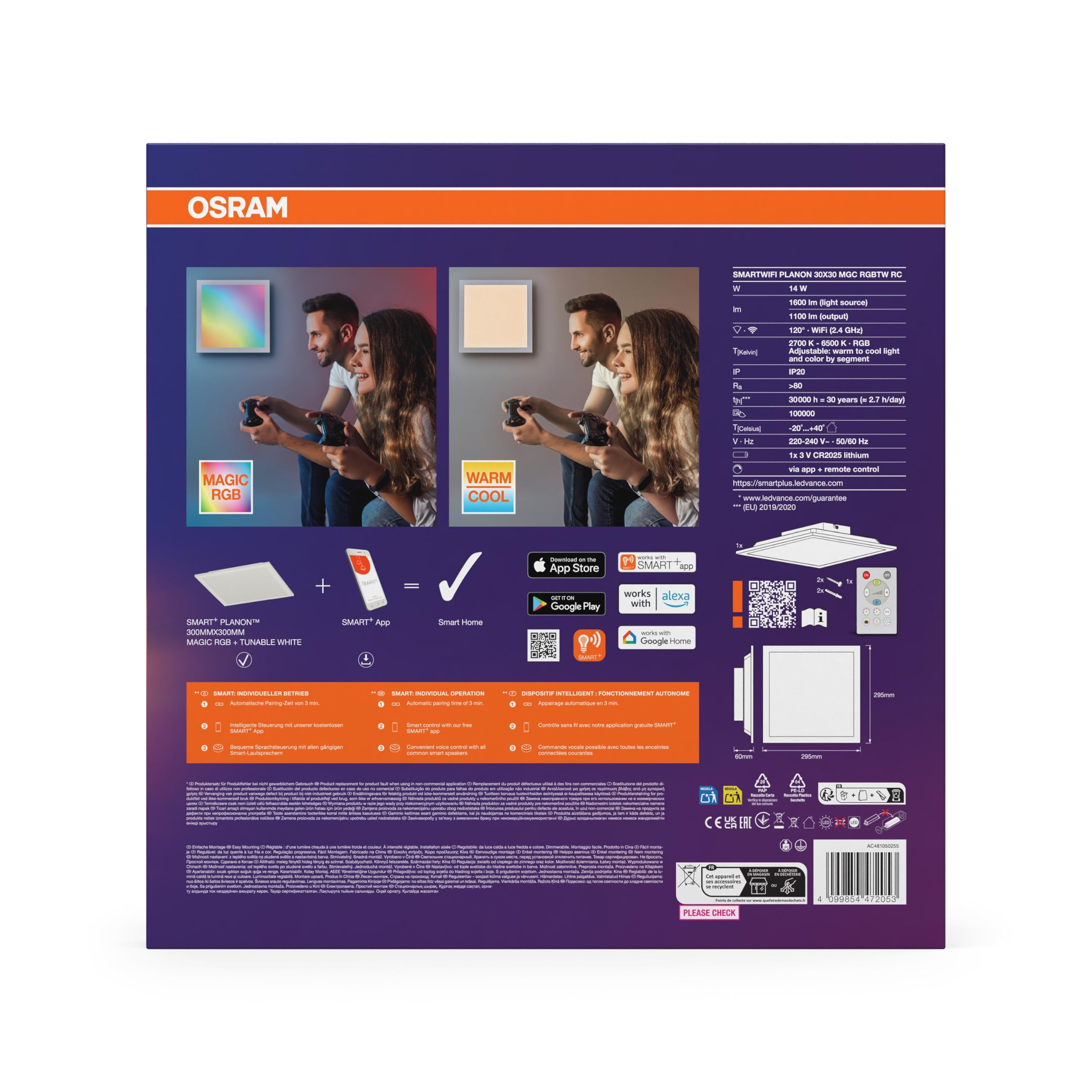 OSRAM SMART + WIFI PLANON MAGIC Oświetlenie panelowe LED, białe, 18 W, 1600 lm, funkcja światła białego, możliwość przyciemniania, dynamiczny efekt świetlny Magic-RGB, długa żywotność, sterowanie za