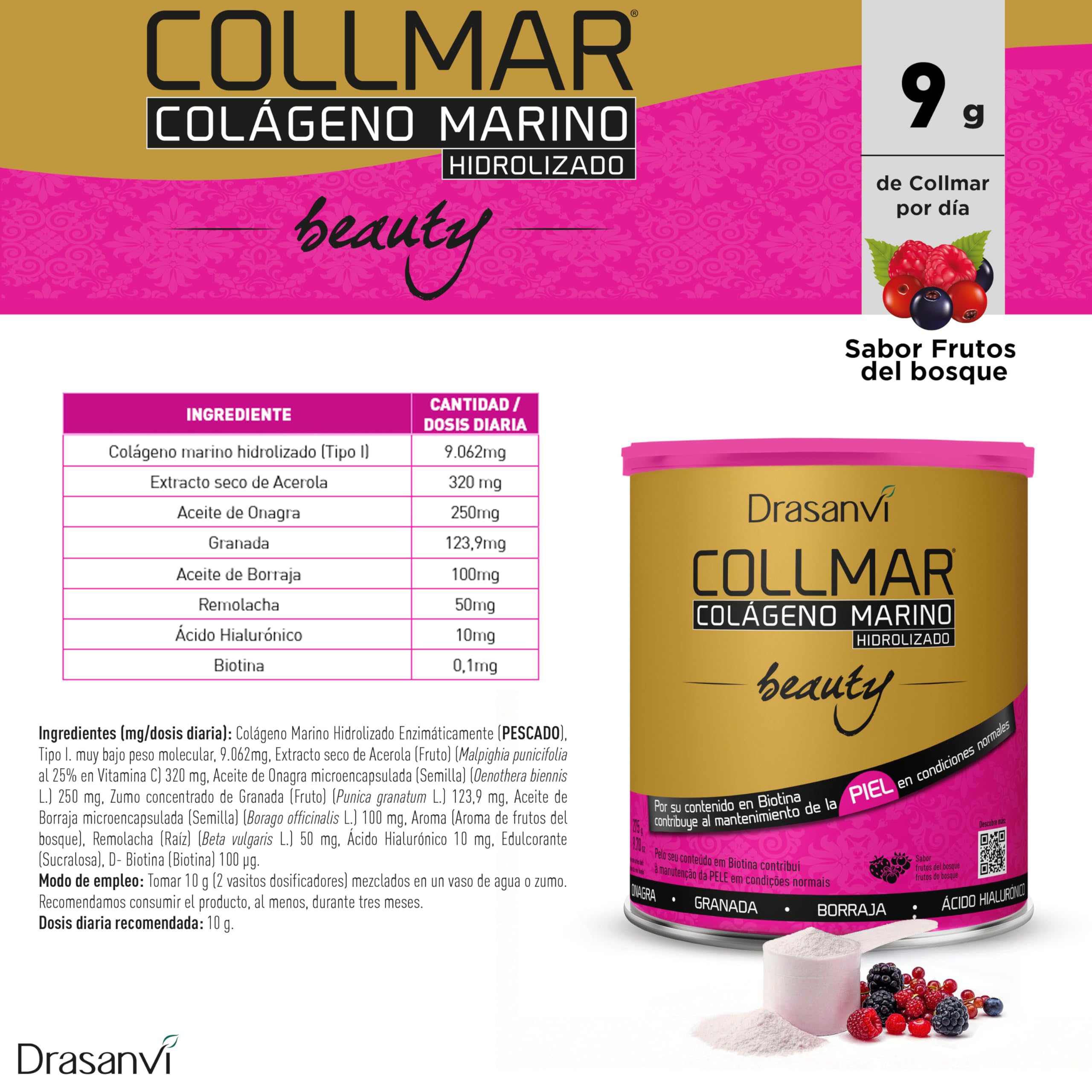 DRASANVI COLLMAR BEAUTY COLAGENO MARINO PARA LA PIEL, Colageno Hidrolizado con Vitamina C Natural, Biotina y Acido Hialuronico, Piel Bonita e Hidratada, Sabor Frutos del Bosque, 275 GR
