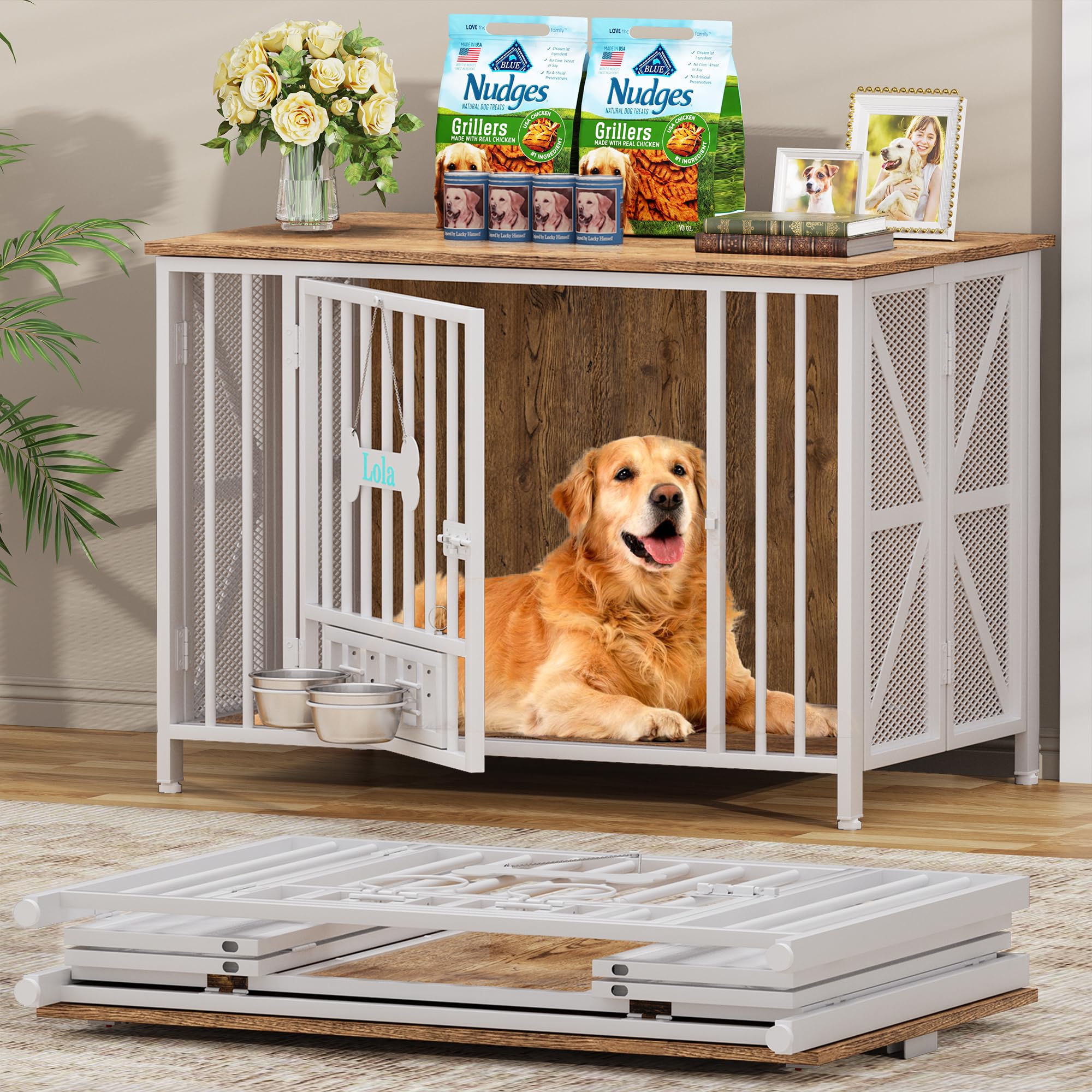 AMLANCHER Large Dog Crate Furniture Foldable for M/L/XL Dog, 105x65x72cm Assembly-Free Wooden Dog Kennel Indoor with Name Tag & Dog Bowls, Dog Crate Doubles as Side Table & TV Stand, White & Beech