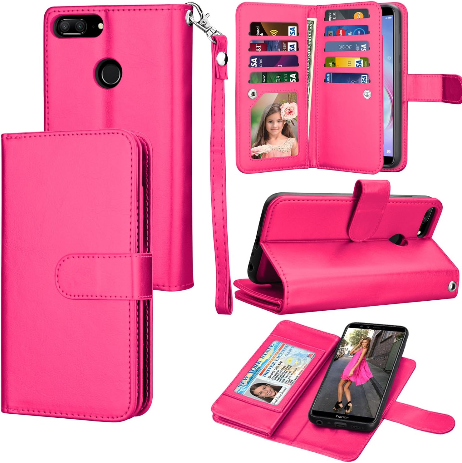 Eutekcoo Honor 9 Lite/Huawei P Smart Case, PU Leather Wallet with [Detachable 2 in 1] [Cash & Card Slots] [Magnetic Closure]&Wrist Strap Folio Flip Cover for Honor 9 Lite/Huawei P Smart-Hot Pink