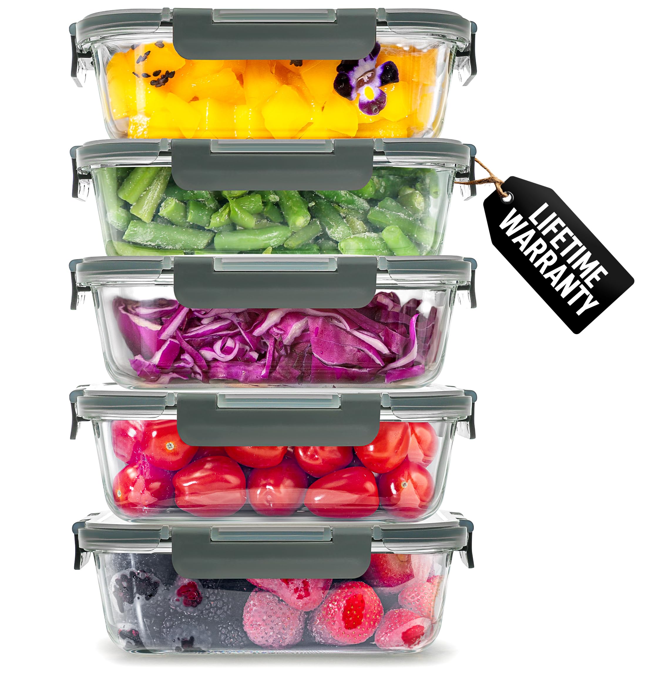 5 Piece Large Glass Tupperware Container Set with Lids - Premium BPA Free Borosilicate Glass Food Storage Containers - Leak-Proof Meal Prep - Microwave, Freezer & Oven Safe - Gray