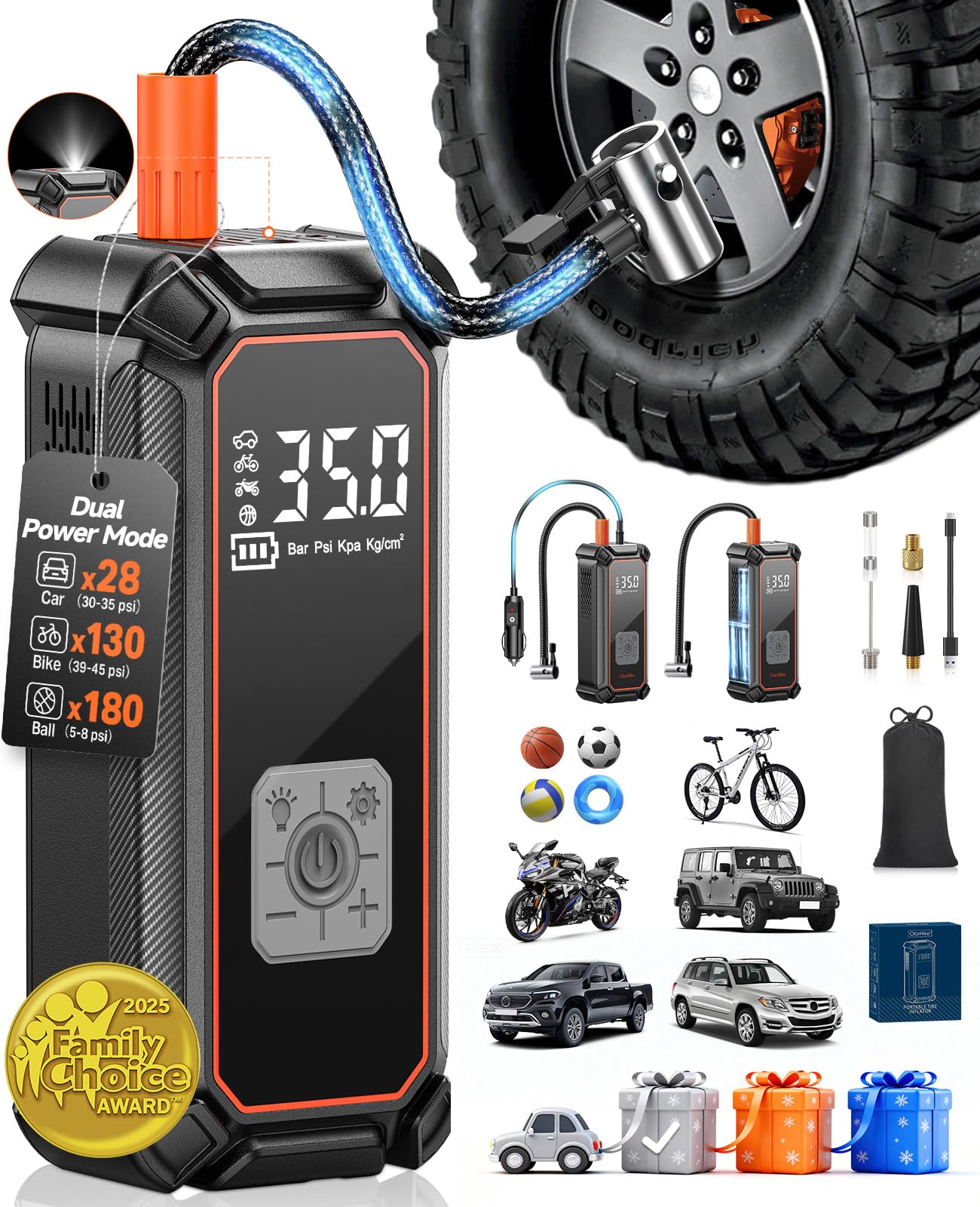 OlarHike Tire Inflator Portable Air Compressor, 9000mAh Battery Powered, 150PSI Dual Mode, Auto Air Pump for Car Tires, Motorcycle, Bicycle, Electric Pump with LED Light & Digital Pressure Gauge
