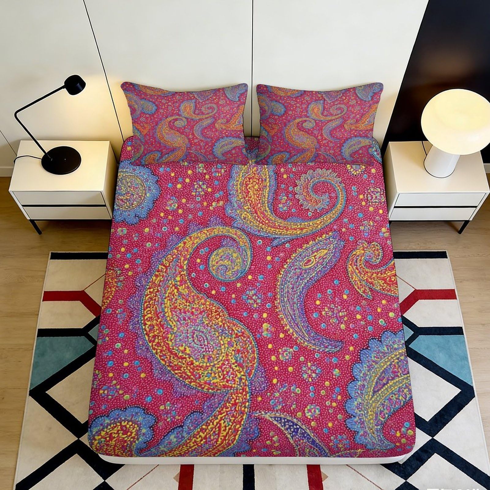 3D Printed Paisley Red Fitted Sheet Microfiber Soft Breathable Boho Swirl Bed Cover for Bedroom Guest Room Decor Mattress Protection 90x200x25cm