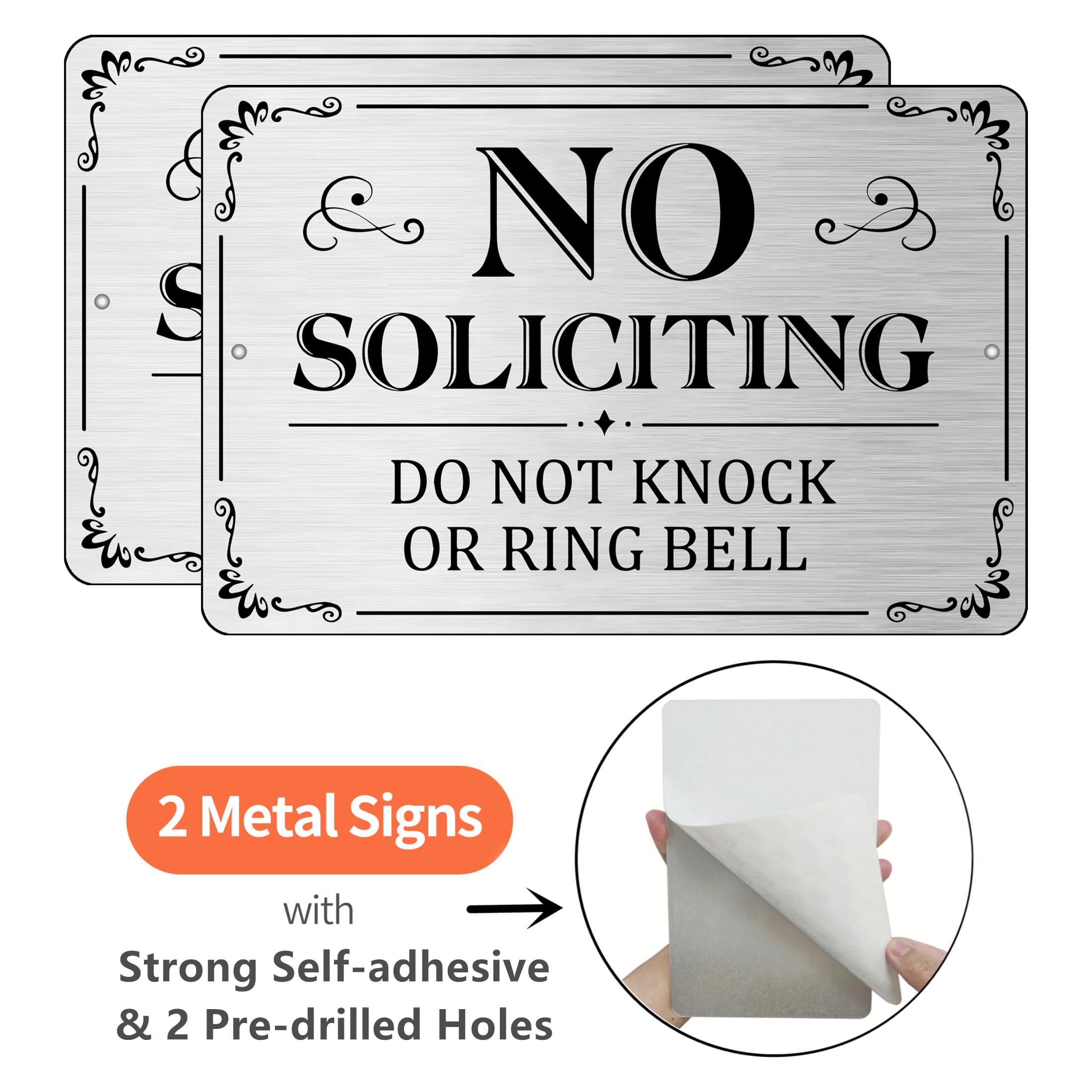 Letrero de no solicitar para puerta delantera, 2 unidades, letrero autoadhesivo de no solicitar para casa, 6 x 4 pulgadas, letreros de metal de aluminio para patio (plateado cepillado/negro, mediano 6