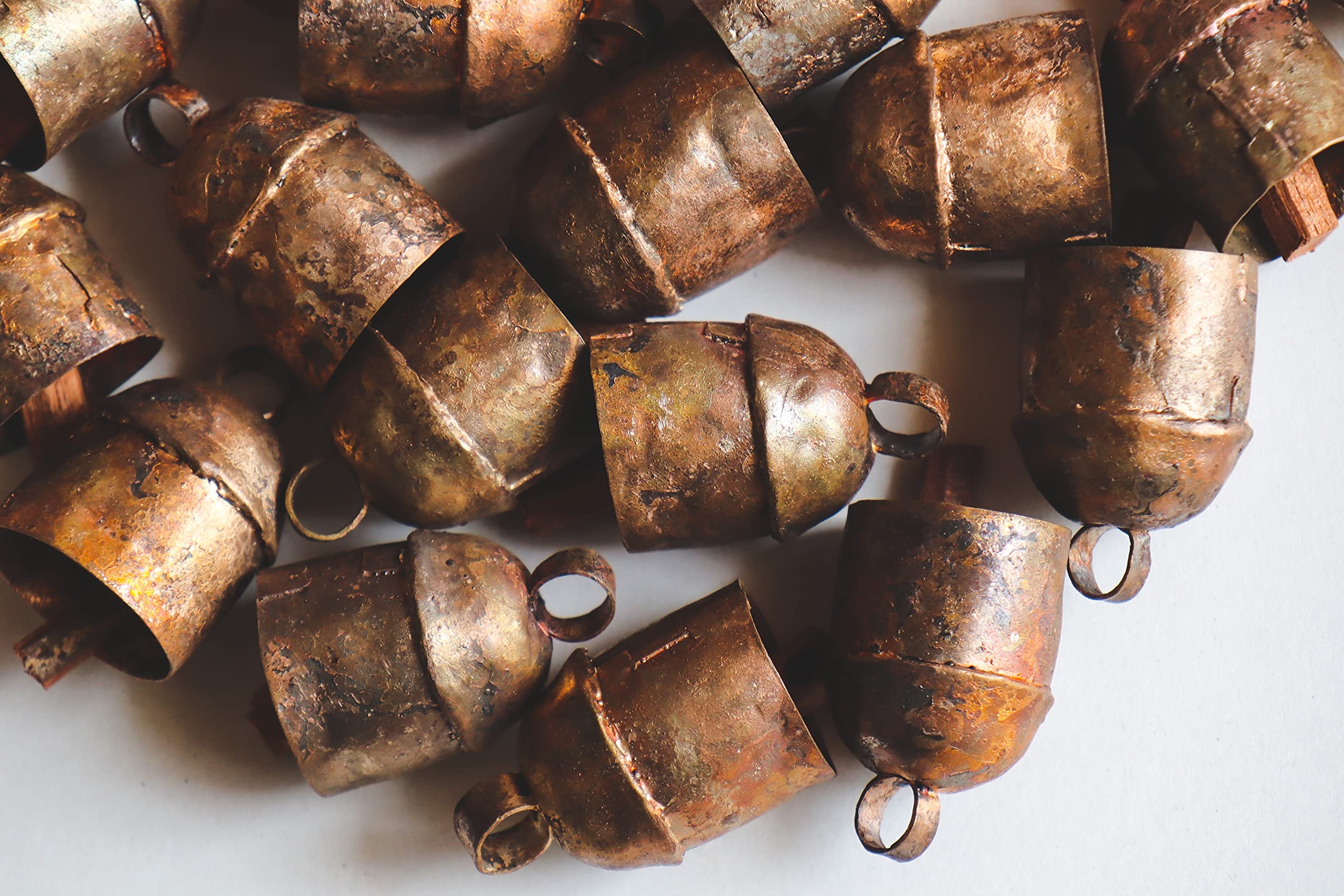 Handmade Vintage Indian Tin Bells Rustic Chime with Wood Striker Tin Cow Bells for Crafts Anniversary Cattle Party Favors Wall Art Orchard Garden Art ( 5 Bells in 1 Set ) (Size -D)