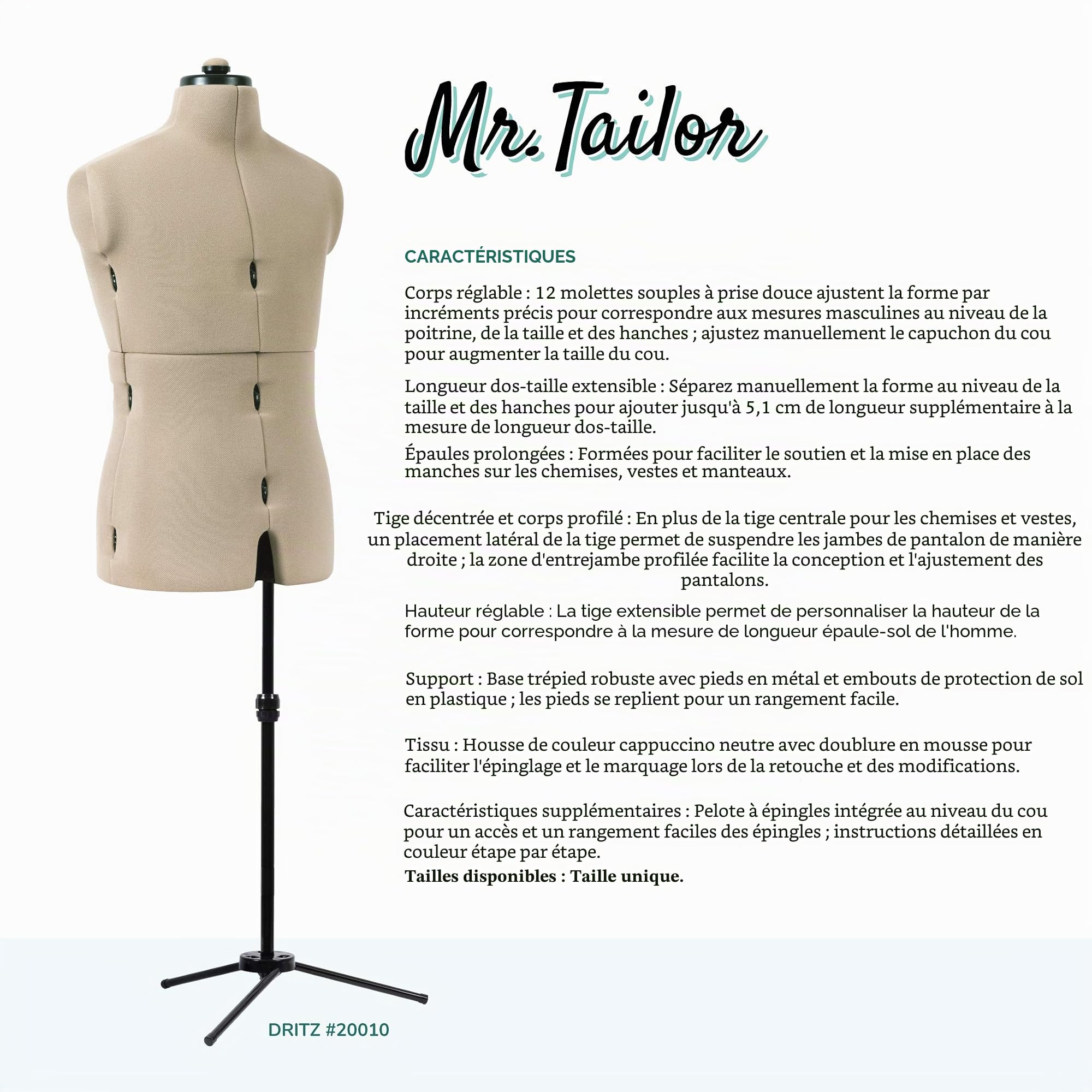 Dritz Mr. Tailor Robe réglable pour Homme Noir