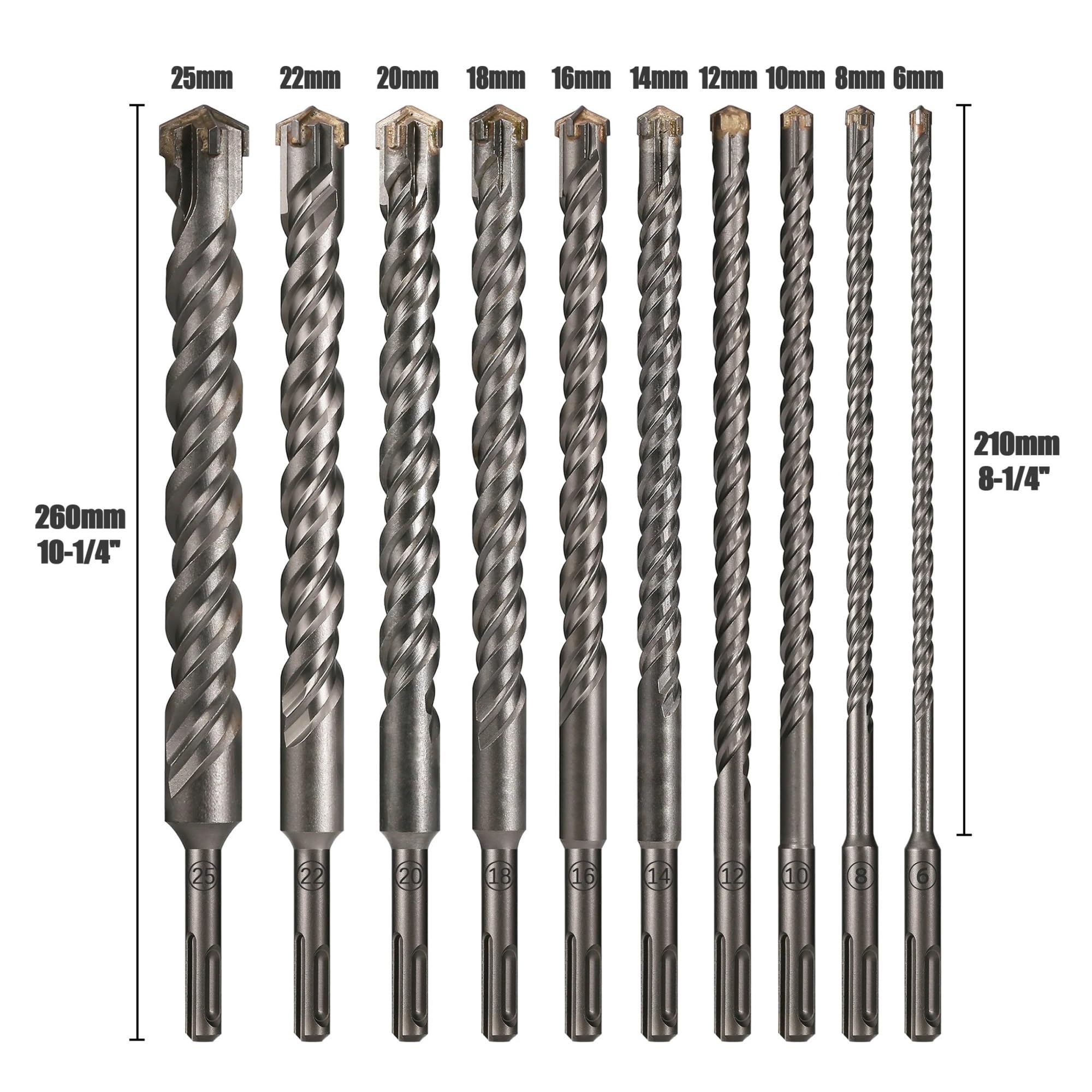 1 broca de mampostería SDS Plus de 6 a 25 mm, cabezal de corte de alta resistencia, doble barrena, broca de martillo eléctrico de 260 mm para bloques de ladrillos de pared de hormigón(260X25mm)