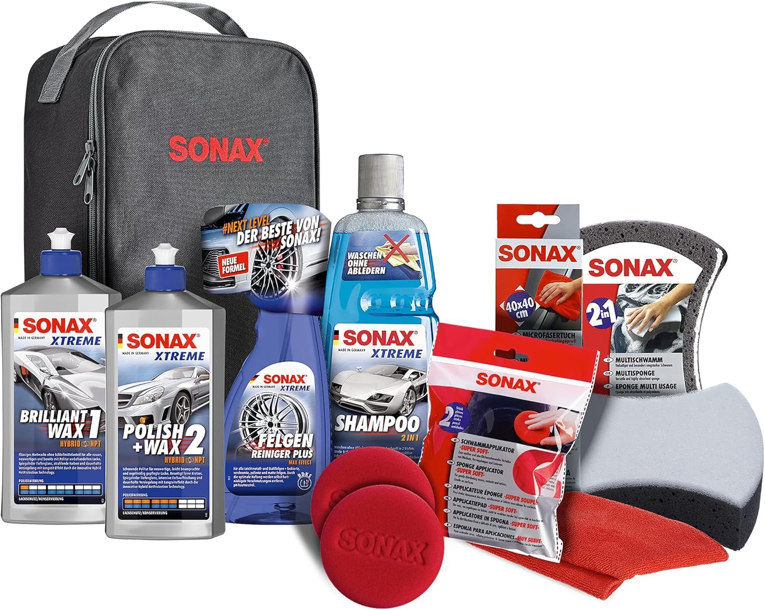 SONAX Innenraum+Scheibe-Set mit Tasche (11-teilig) & XTREME Autopflege Set inkl. Tasche (8-teilig); Autoreinigungs- & Pflegeset für den Fahrzeug-Außenbereich (Lack & Felgen), Art-Nr. 07615410