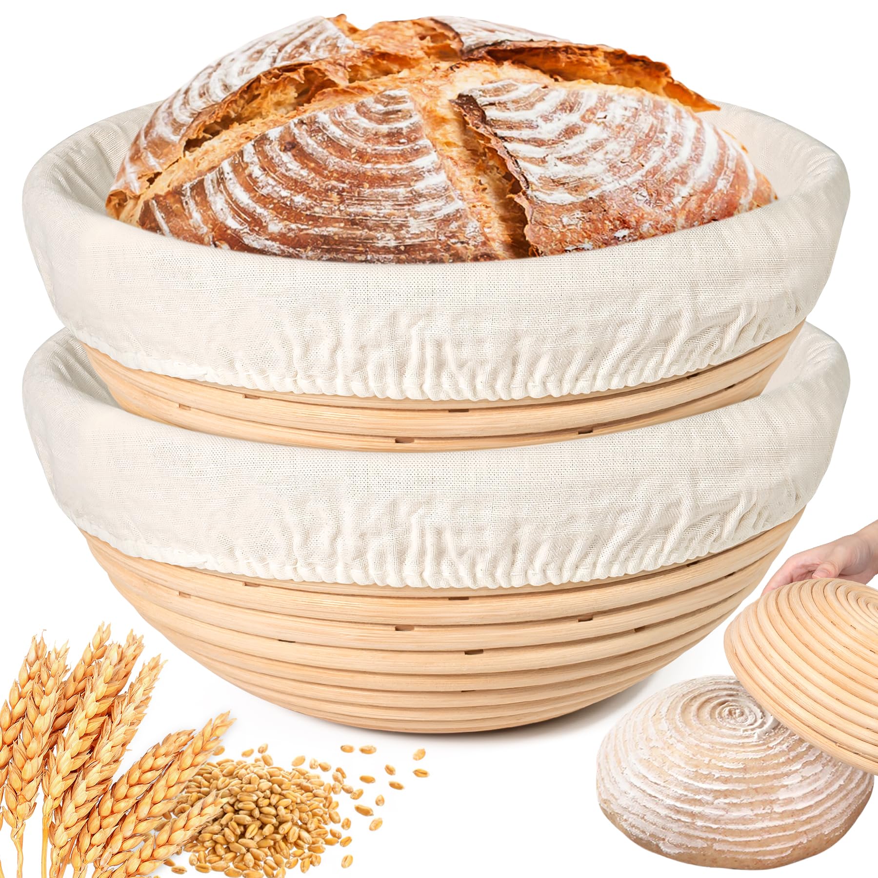 Cesta redonda de masa madre a prueba de pan en caja con forro y herramientas para hacer pan, hecha a mano con materiales de ratán natural indonesio de calidad para hornear pan (juego de 2 unidades,