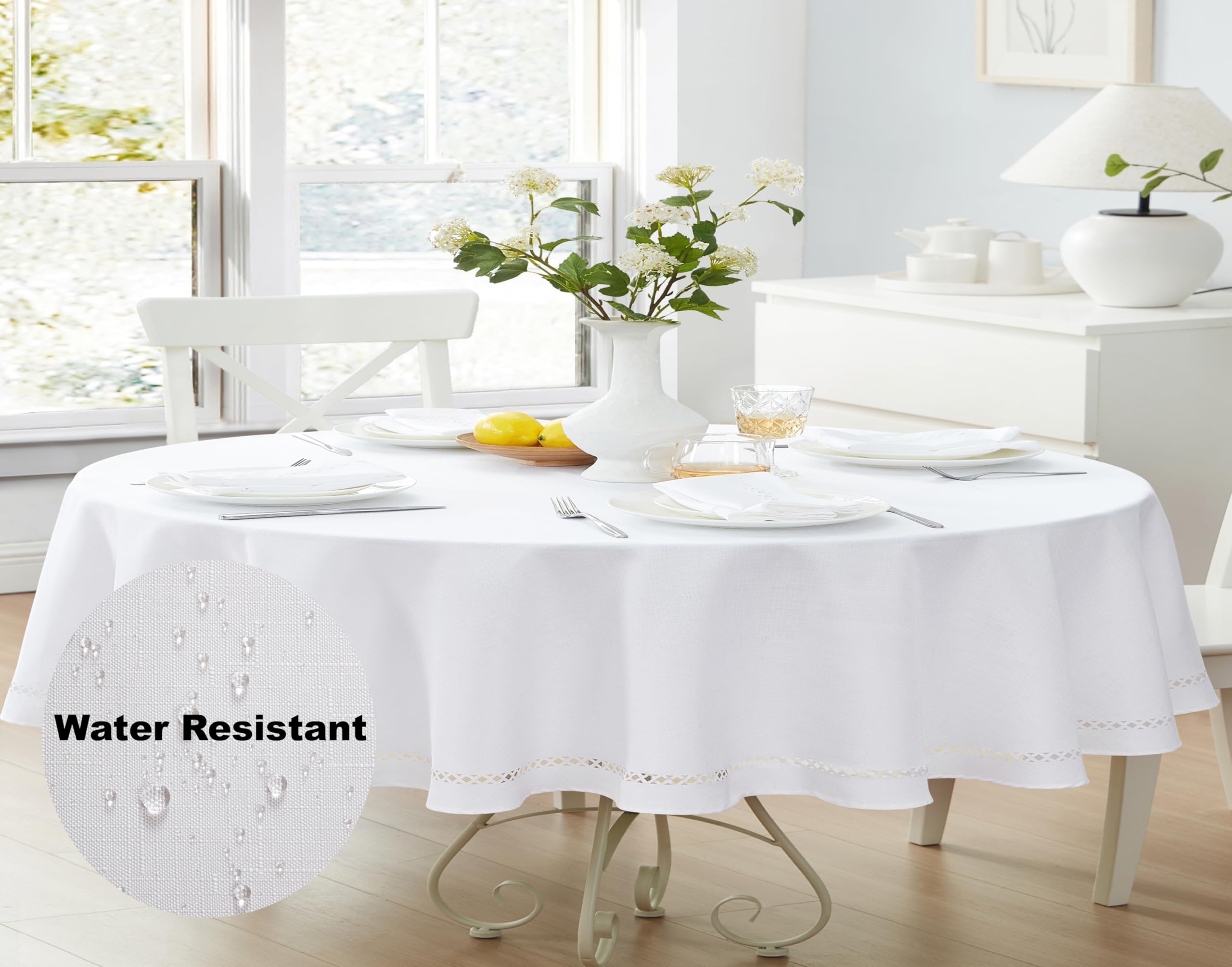 Newbridge Fabric Oval Tablecloth, 60 x 102 Inch, Fall Provence Lattice Cutwork Solid Color Textured, Water and Stain Resistant Easy Care Fabric Table Cloth for Parties and Buffets, White