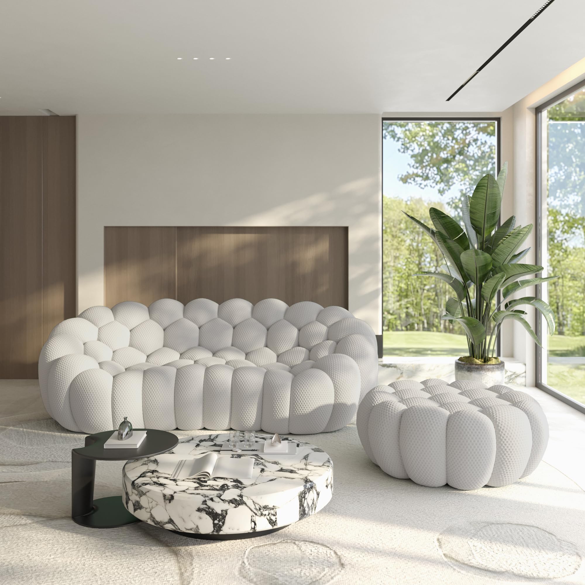 Bubble Couch with Ottoman, Modern 3-Seater Round Floor Couch, 3D Honeycomb Shape Bubble Sofa Curved Sofas for Living Room, Circle Boneless Couches, No-Assembly (Light Grey, 98.43+41")