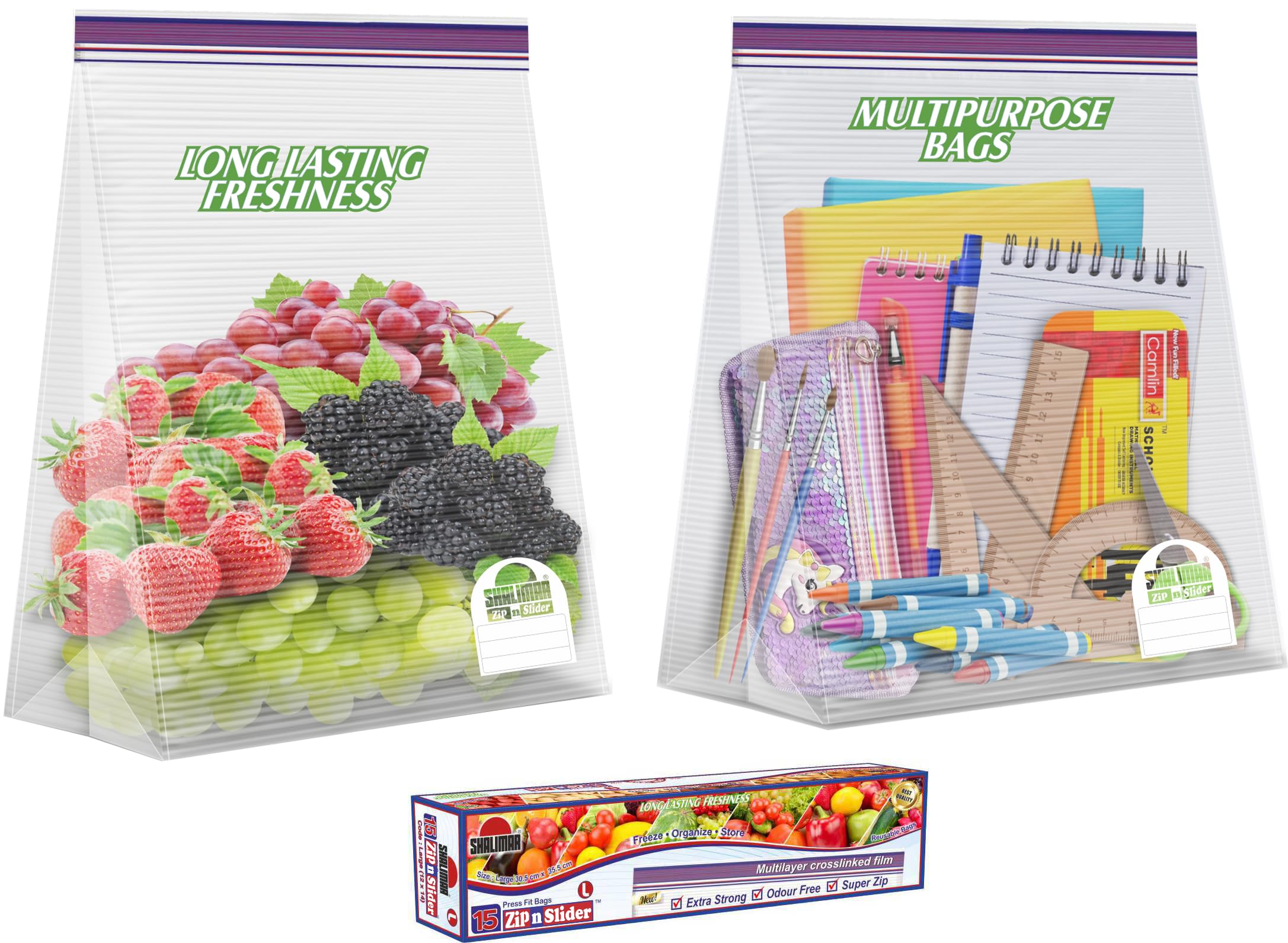 Zip 'N' Slider Bags | Large (30.5 cm X 35 cm) | Pack of 15 Bags | Ziplock/Multi-Purpose Storage Bag | Reusable & Reclosable with Slider Lock | Color - Natural