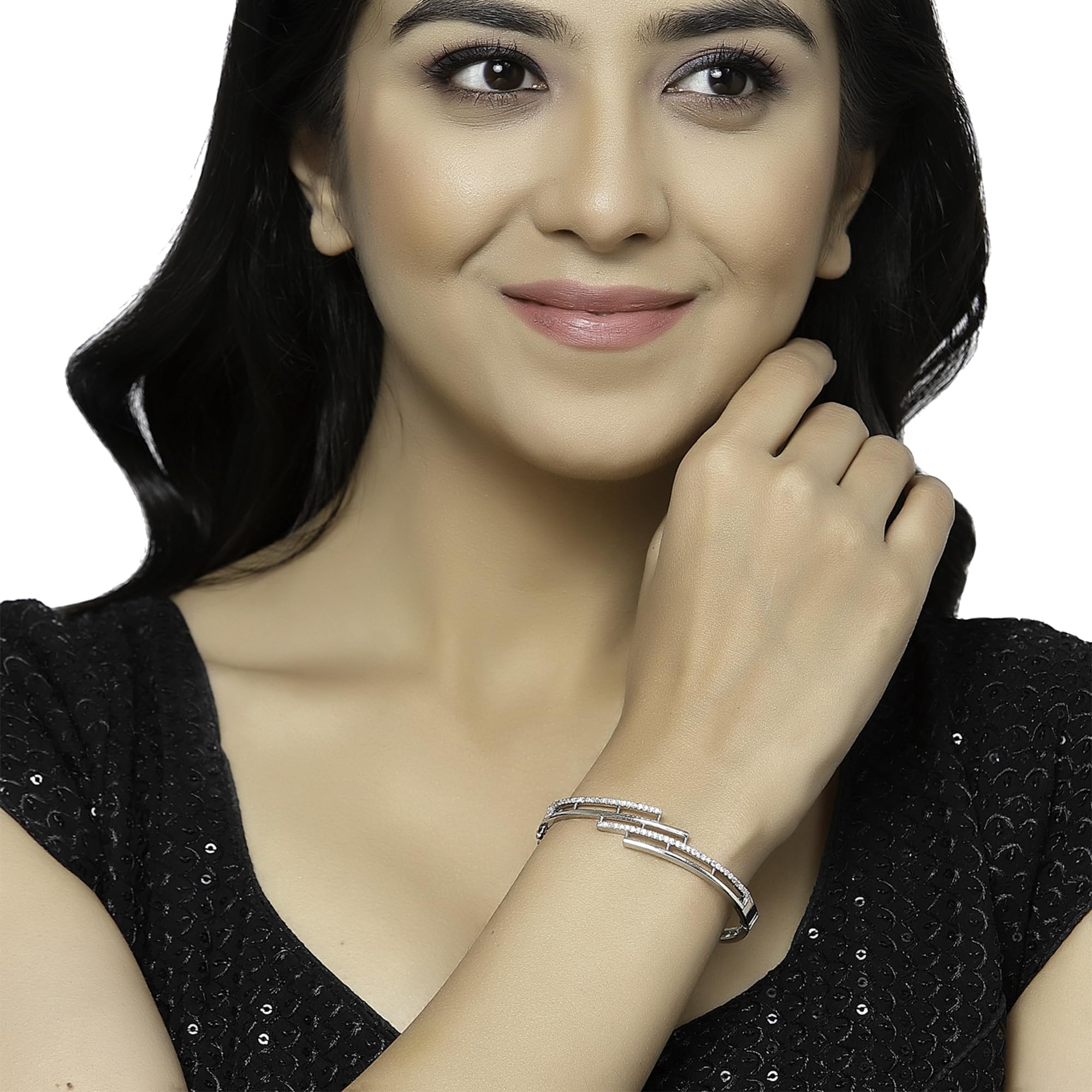 Rhodium-Plated American Diamond Studded Kada Bracelet (Design1)
