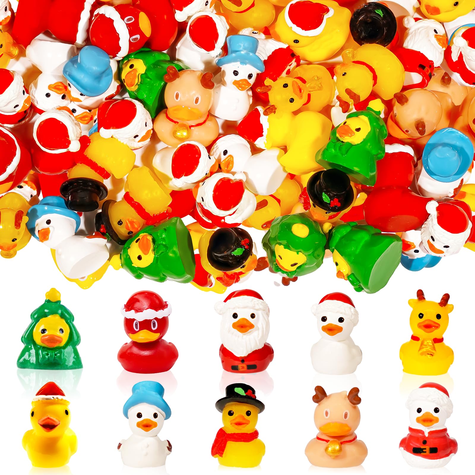GW Box 50 Pcs Christmas Mini Ducks 10 Styles Tiny Resin Ducks