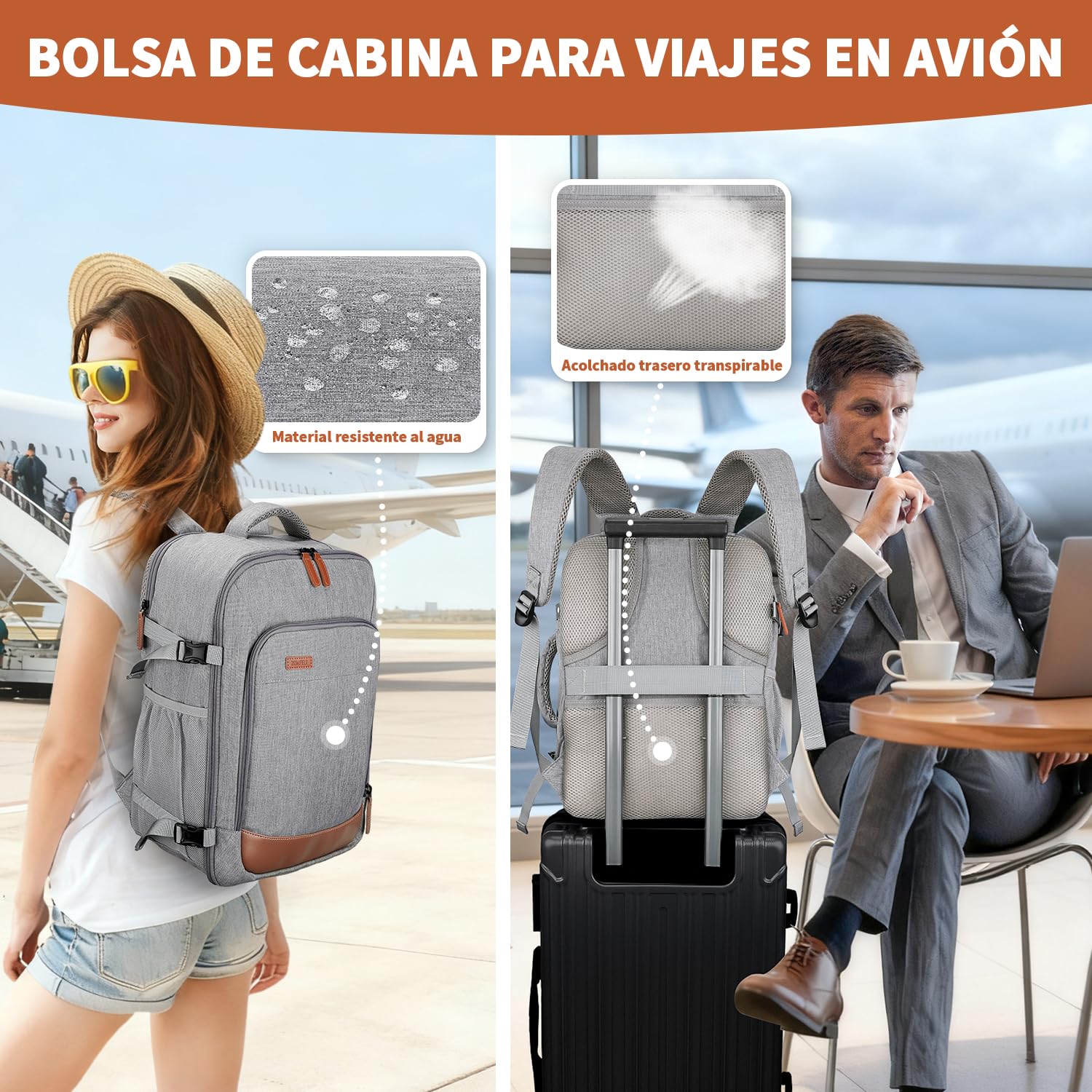 ZOMFELT Mochila 40x30x20 Ryanair, 24L Mochila Viaje Hombres Mujeres, Mochila Viaje Cabina Impermeable Easyjet Wizz Air Vueling, Maleta Cabina Apta para Portátiles de 15,6 Pulgadas, Gris