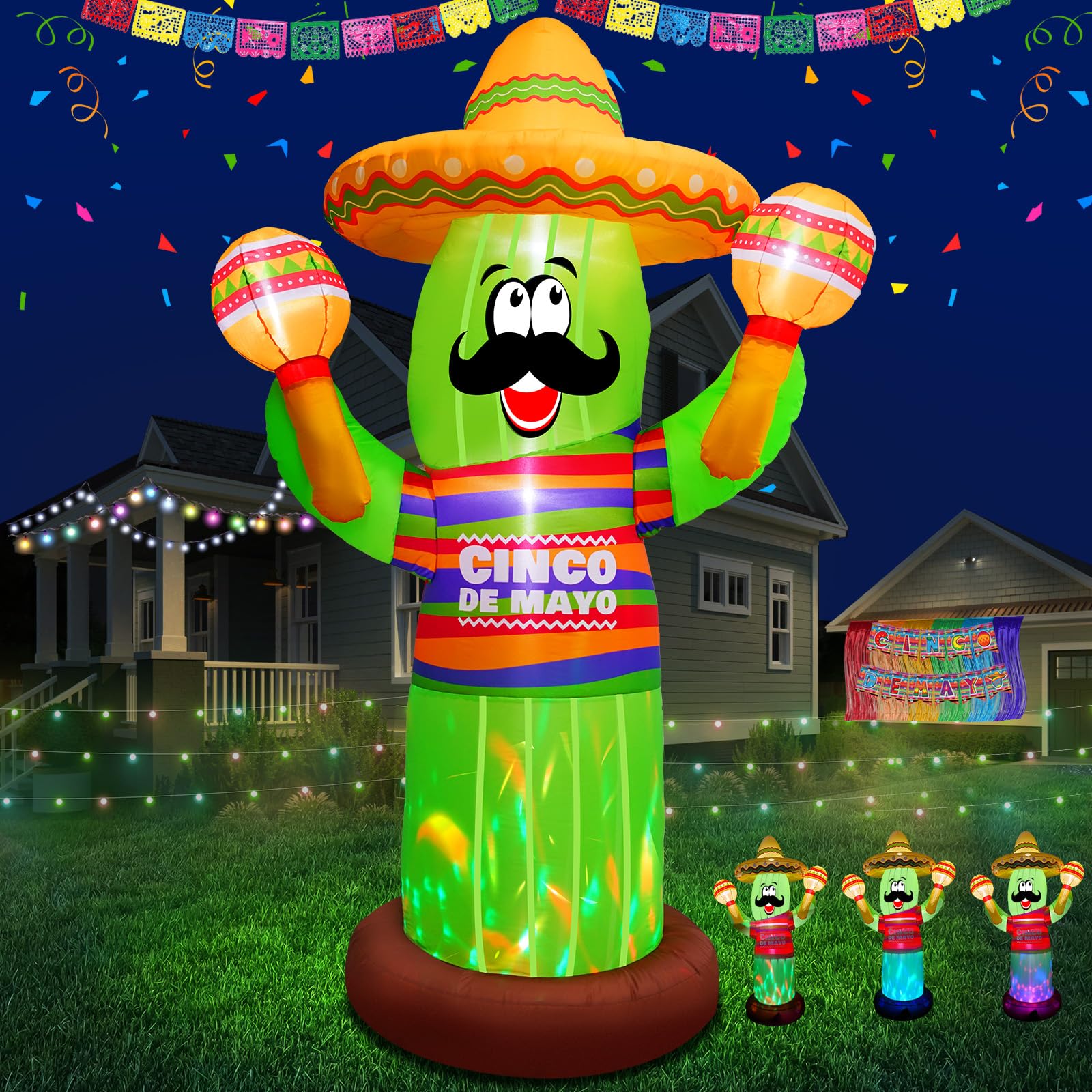 Aufblasbarer Kaktus Cinco De Mayo Cinco De Mayo, mexikanischer aufblasbarer Kaktus mit Taco Sombrero und Maraca, integrierte bunte LED für den 5. Mai für drinnen und draußen, Mexiko, Fiesta,