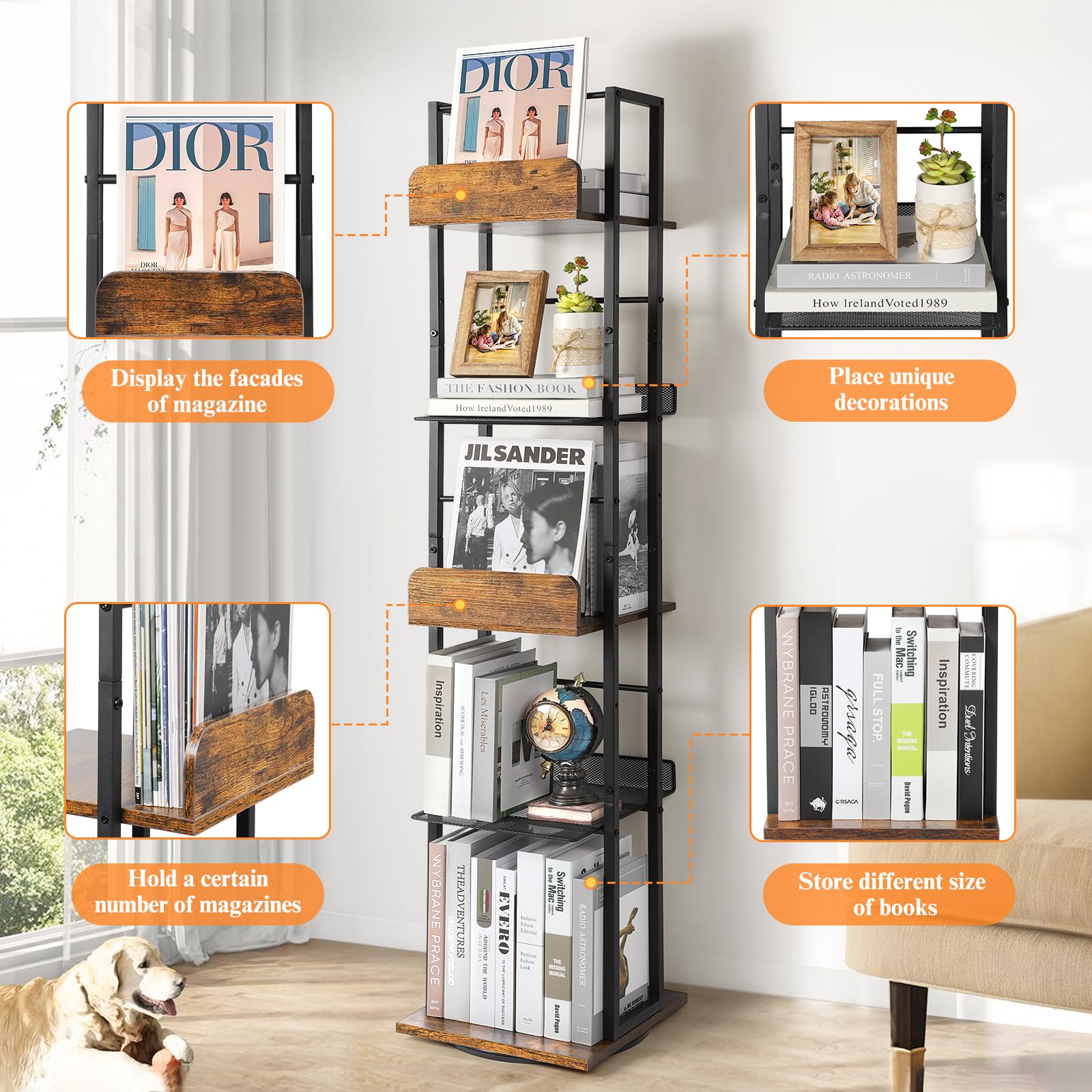 Snapklik.com : Bookshelves 5-Tier, Rotating Bookshelf Tower For Corner ...