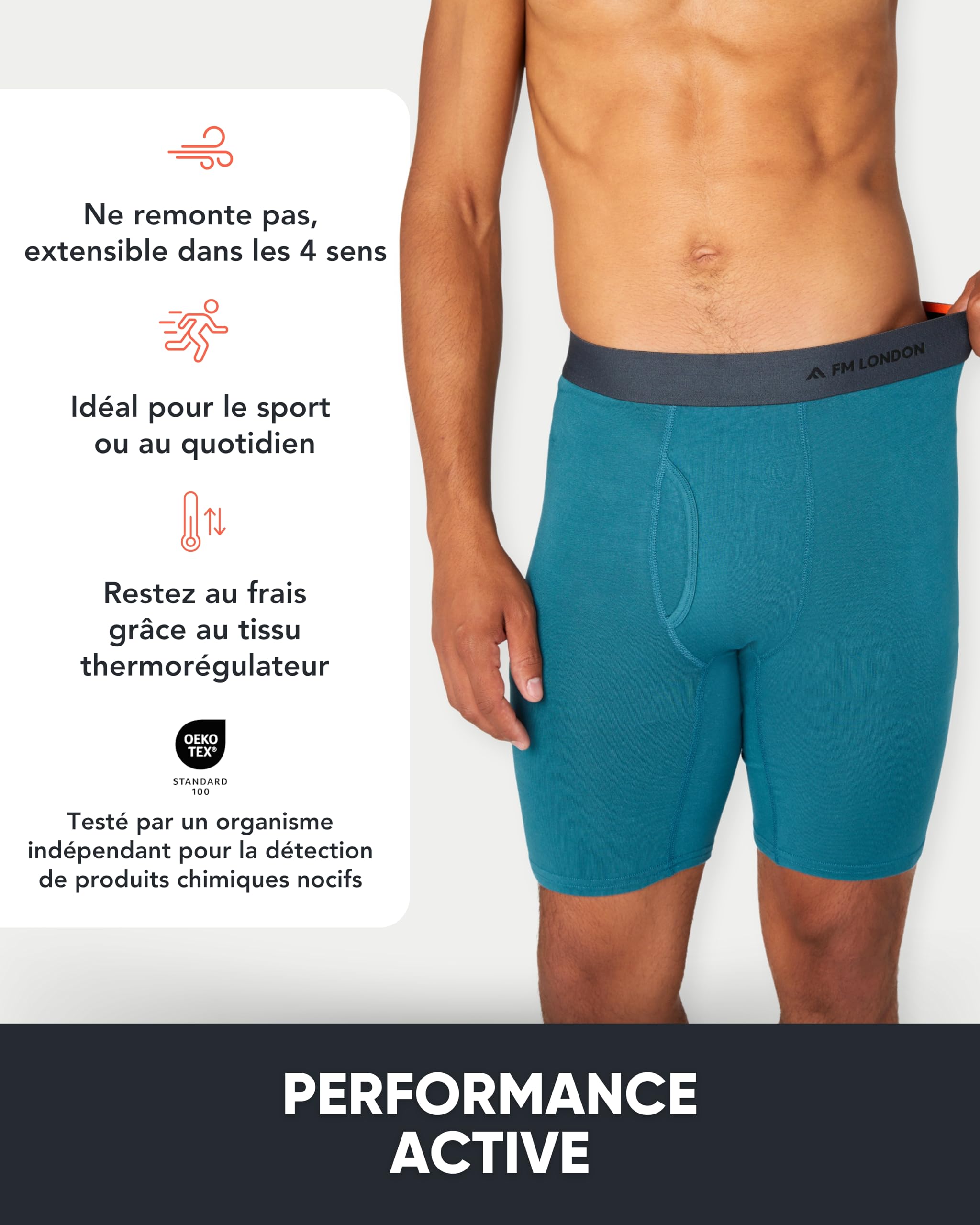 FM London Boxer en Bambou pour Homme, Boxer Long pour Homme en Bambou Ultra Doux, Antifrottements et Évacuant la Transpiration, avec Ouverture, Lot de 4