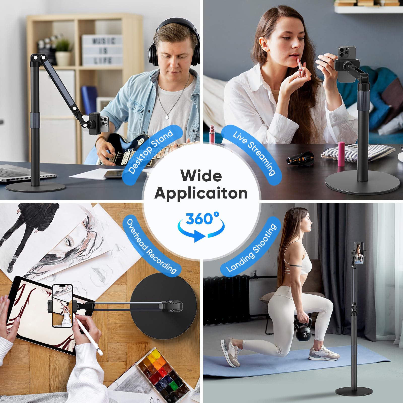 Supporto Telefono Scrivania con Base Robusta, Porta Cellulare da Tavolo Multiuso, 360° Supporto Cellulare da Tavolo, Porta Cellulare per Riprese Video, Live Streaming, Cucina e Pittura